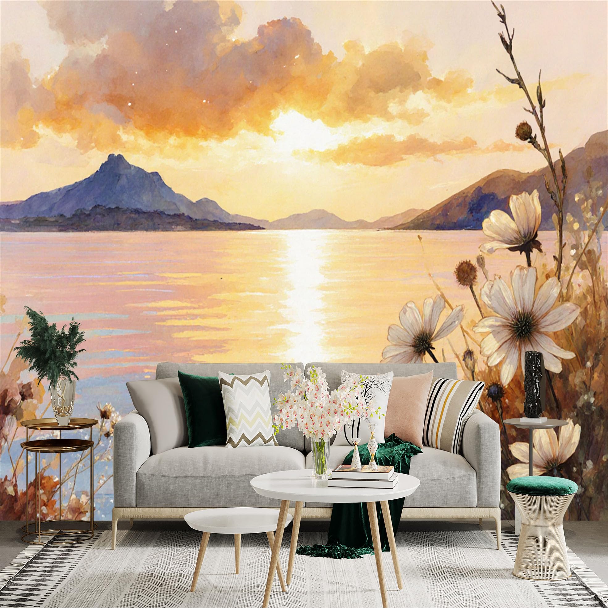 Lnzczhyre Xc260505219 Custom Size Wall Sticker Mural， Sunset Over Calm Lake， Watercolor Floral Landscape， Distant Mountains， For Wall Decoration， Peelandstick Wall Decals.