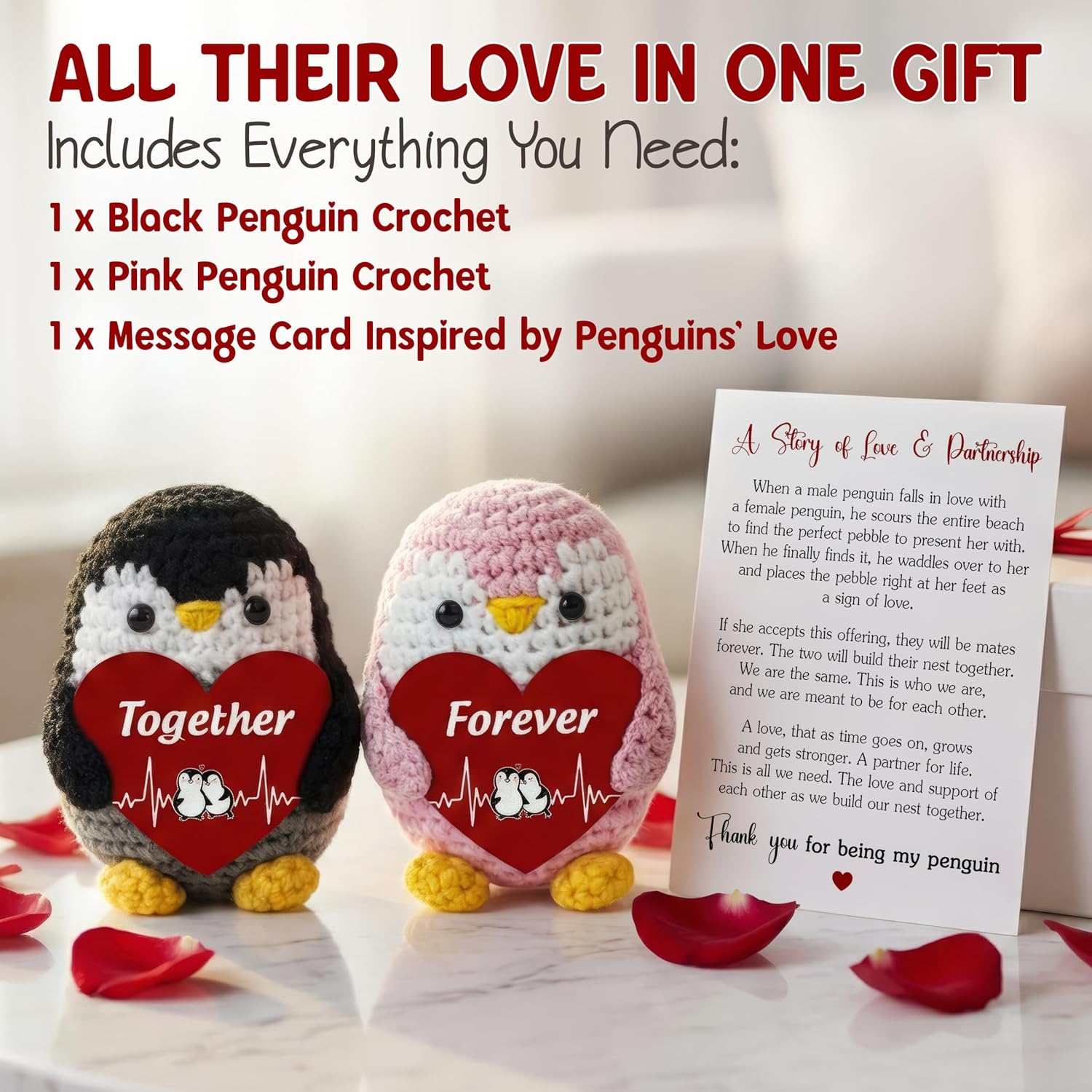 OASSIE Anniversary Couple Gifts for Women Men - Penguin Couple Crochet | Gifts for Him Her, Anniversary Keepsake, Wedding Gift, Romantic Message, Handmade Decor, Soft Yarn Texture