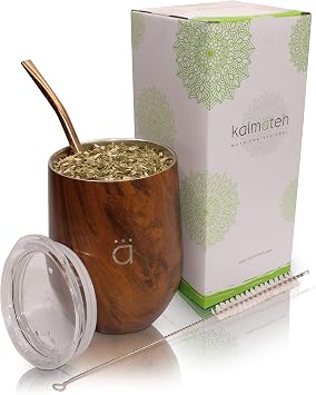 Kalmateh Yerba Mate Gourd Extra Large 12 oz Mate Cup with BPA Free Travel Lid, Bombilla Filter Straw & Bombilla Cleaner- 18/8 Double Walled Vacuum Insulated Stainless Steel Wood