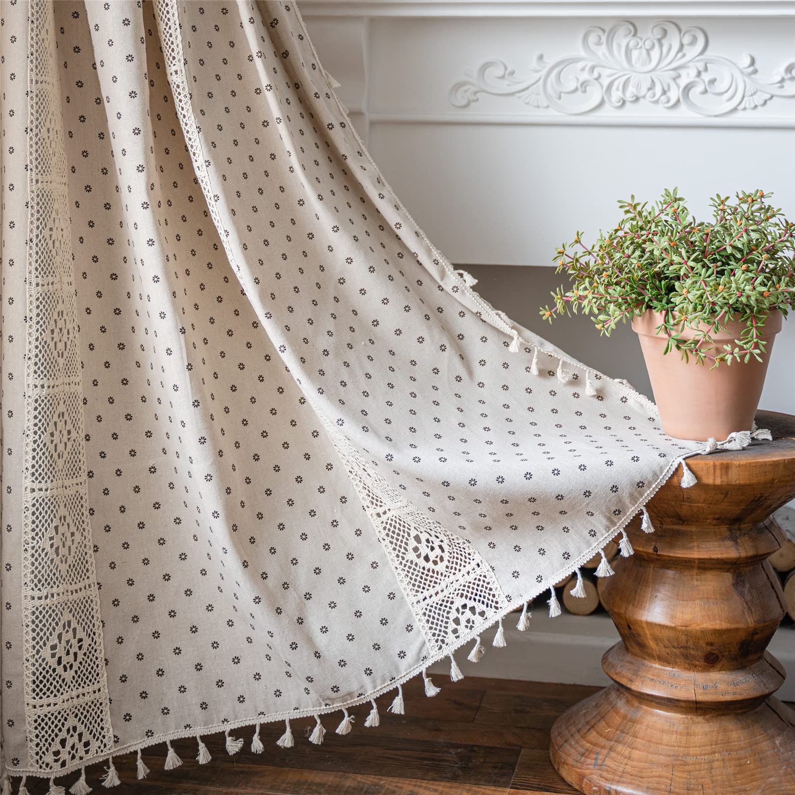 Deeprove Boho Curtains for Bedroom, Beige Hollow Crochet Stripes Taupe Florals Print Cotton Linen Fabric Patchwork, Bohemian Tassel Semi-Blackout