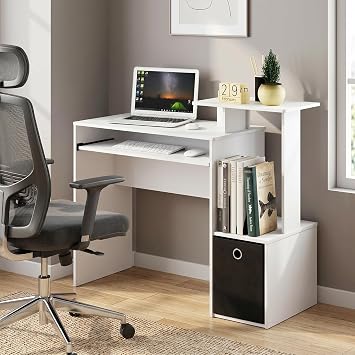 40 Gaming Desk with Keyboard Tray, Office Desk with Side Shelves and Storage Bin, Computer Desk, Desk for Study Room, Home Office, Dorm, White