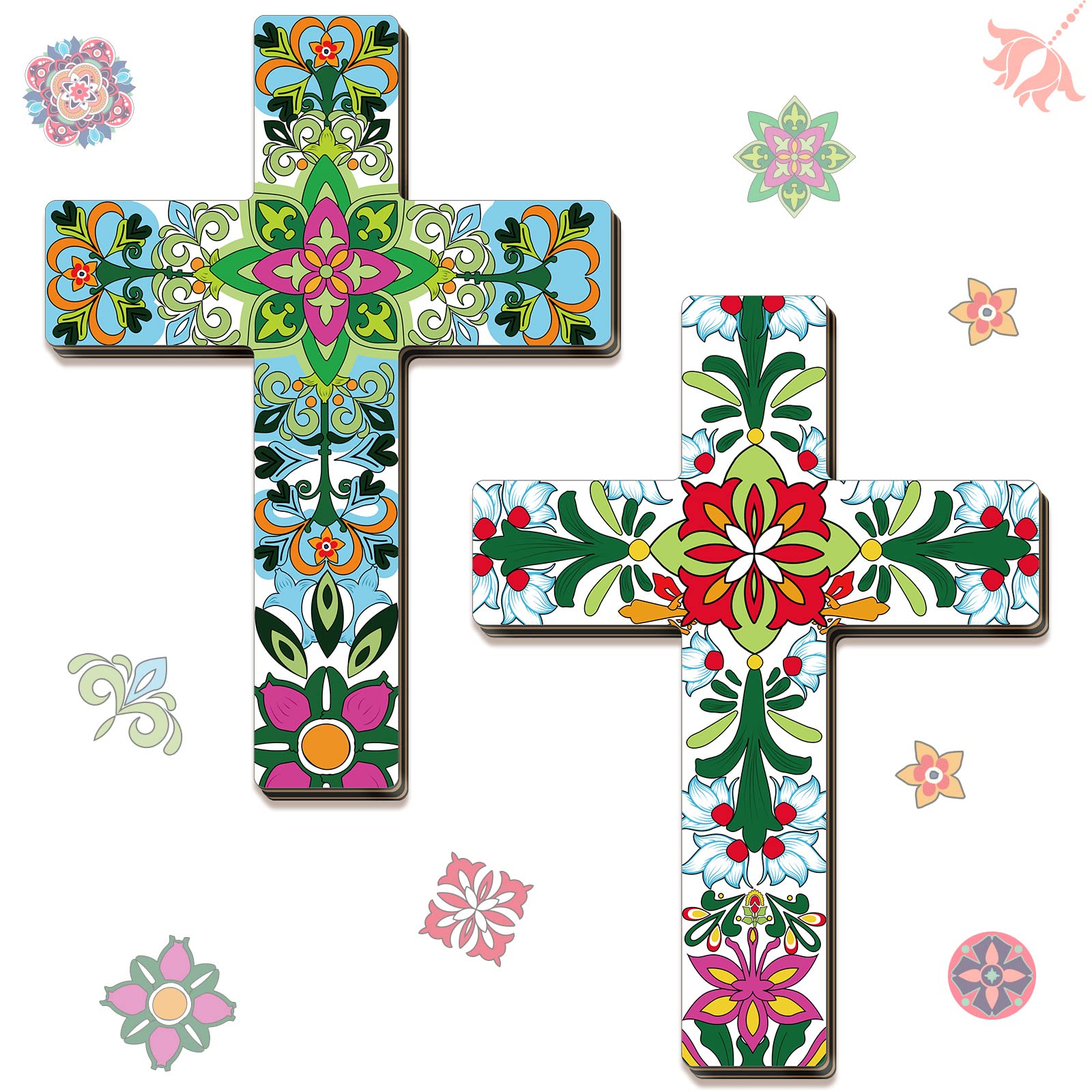 Pinkunn 2 Pcs Floral Cross Wall Decor Mexican Home Decor Hand Painted The Ofrenda of the Dead Day Sugar Skull Art Spanish Style Crucifix Wall Cross for Home Room Church Decoration