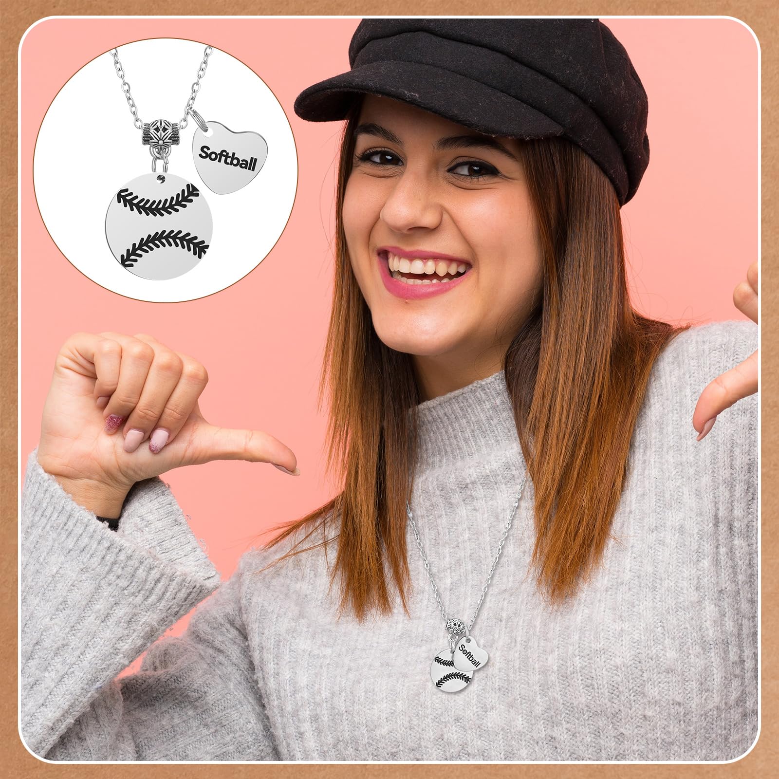Landical 12 Set Baseball Football Softball Necklace Team Gift Bulk Sport Team Necklace for Women Sport Lovers Party Favors Inspirational Jewelry Pendant with Card and Opp Bags