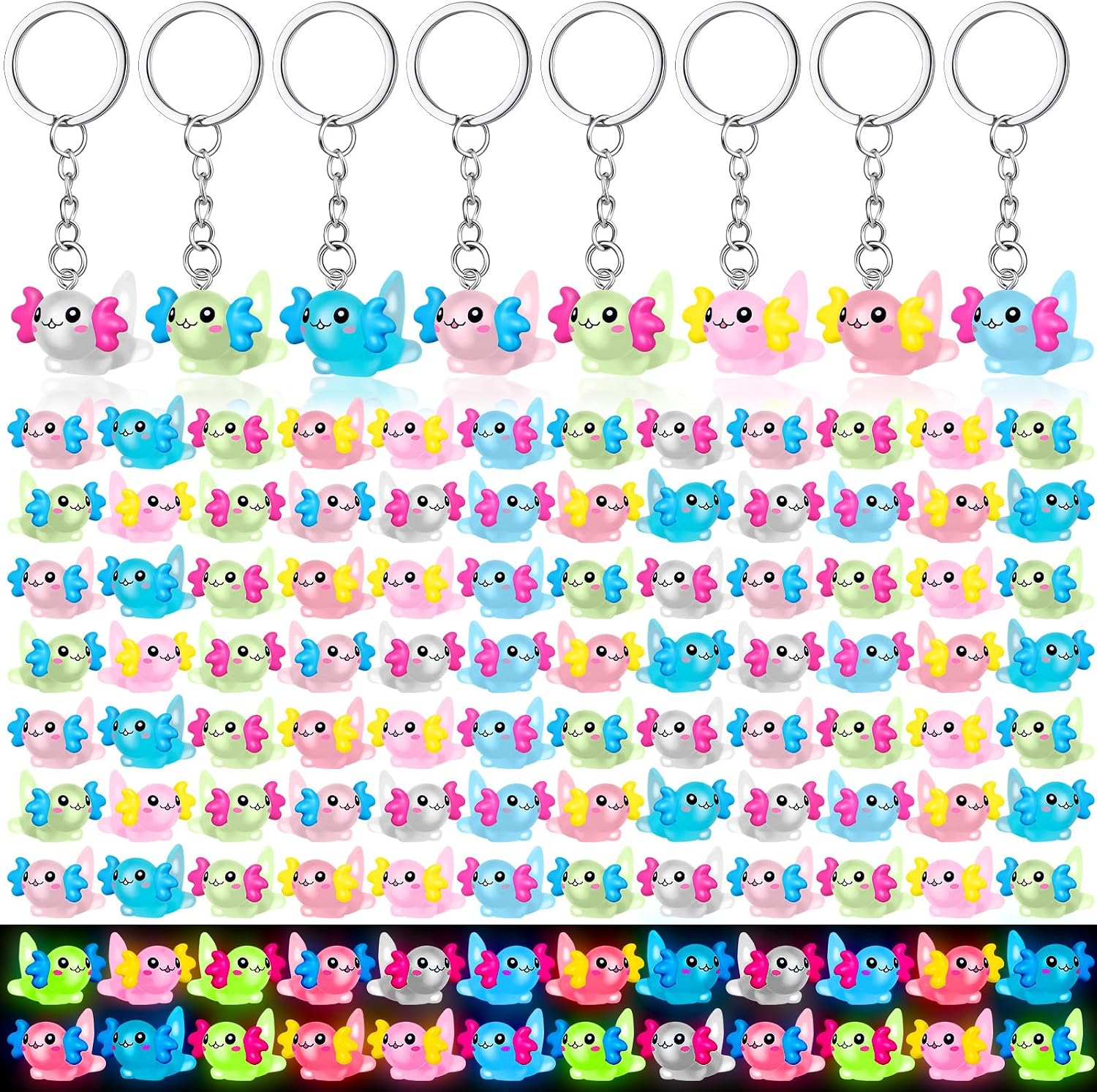 VioraWhite 96 Pcs Mini Axolotl Keychain Resin Axolotl Party Favors Luminous Animal Figures Key Chain Tiny Glow in the Dark Animal Pendant Accessories Bulk for Key Backpack,Birthday Party Favor