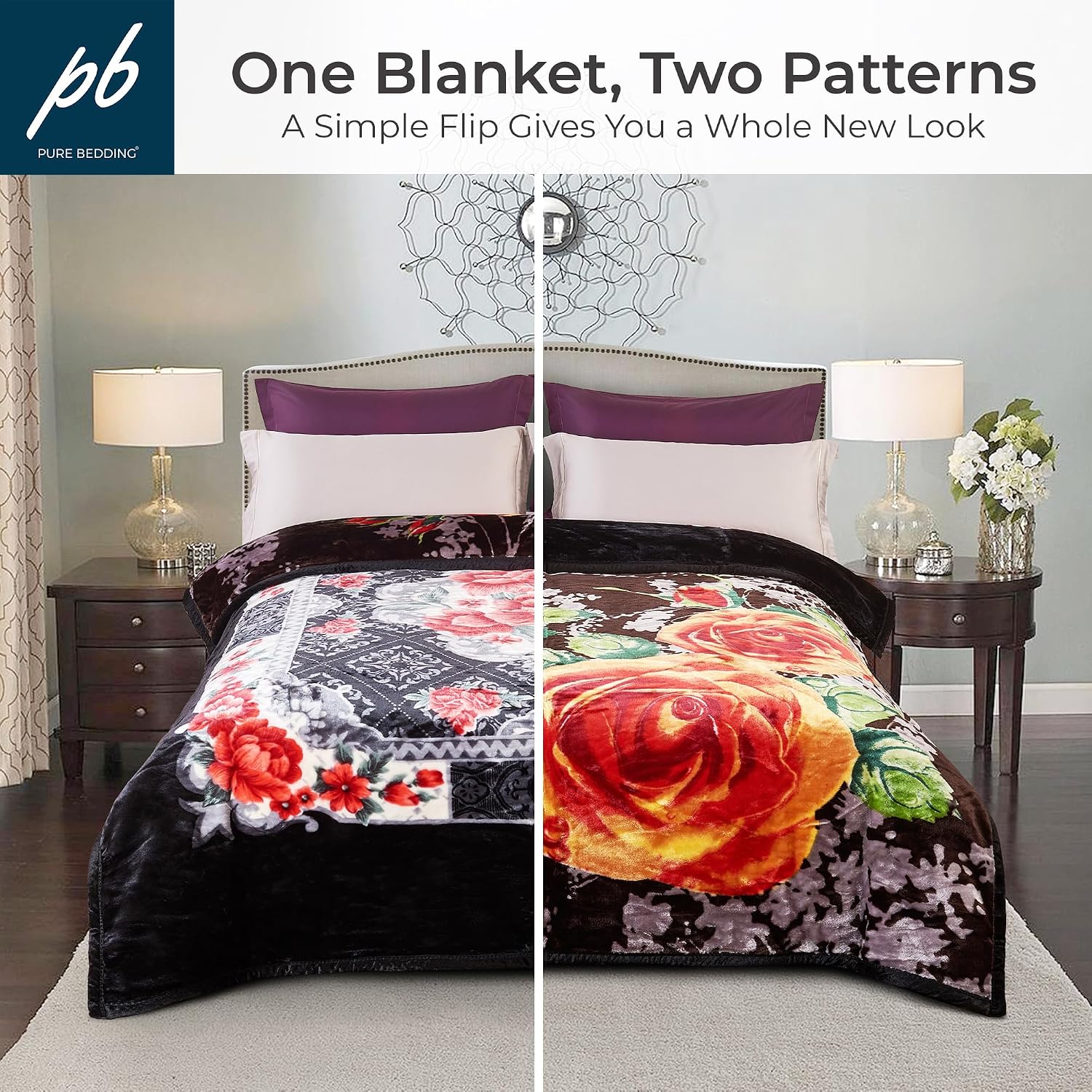 Authentic Pure Bedding Fleece King Size Blankets for Bed - Korean Mink Blanket - Soft Plush Cozy Fuzzy Luxury Microfiber, 5 LB, 2 Ply Reversible, 79x95 inches, Black Peony Rose highlighting its handcrafted details