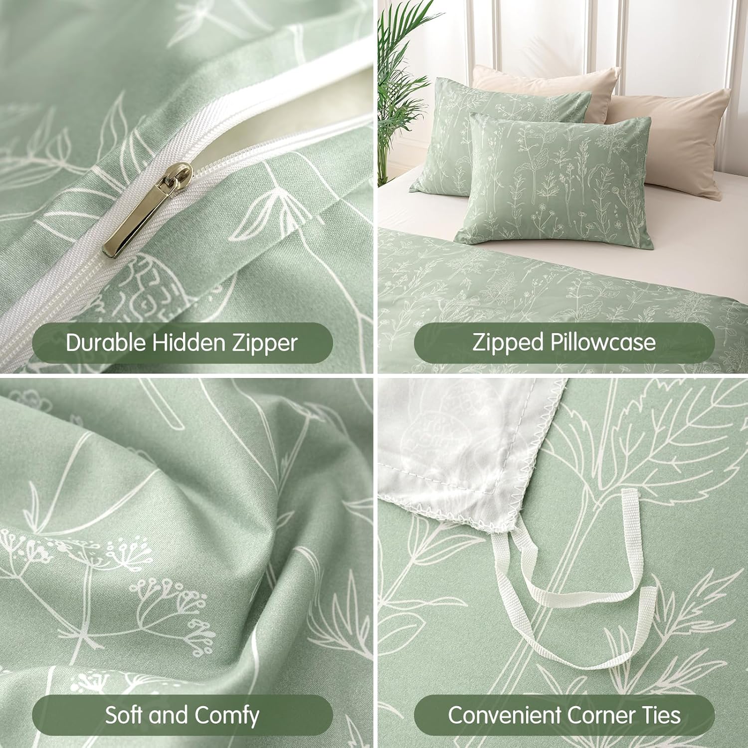 Lekesky Floral Duvet Cover Queen Size, Sage Green Duvet Cover Queen Plant Flowers Pattern Bedding Set for All Season, Soft Breathable Comforter Cover with Zipper Closure & Corner Ties
