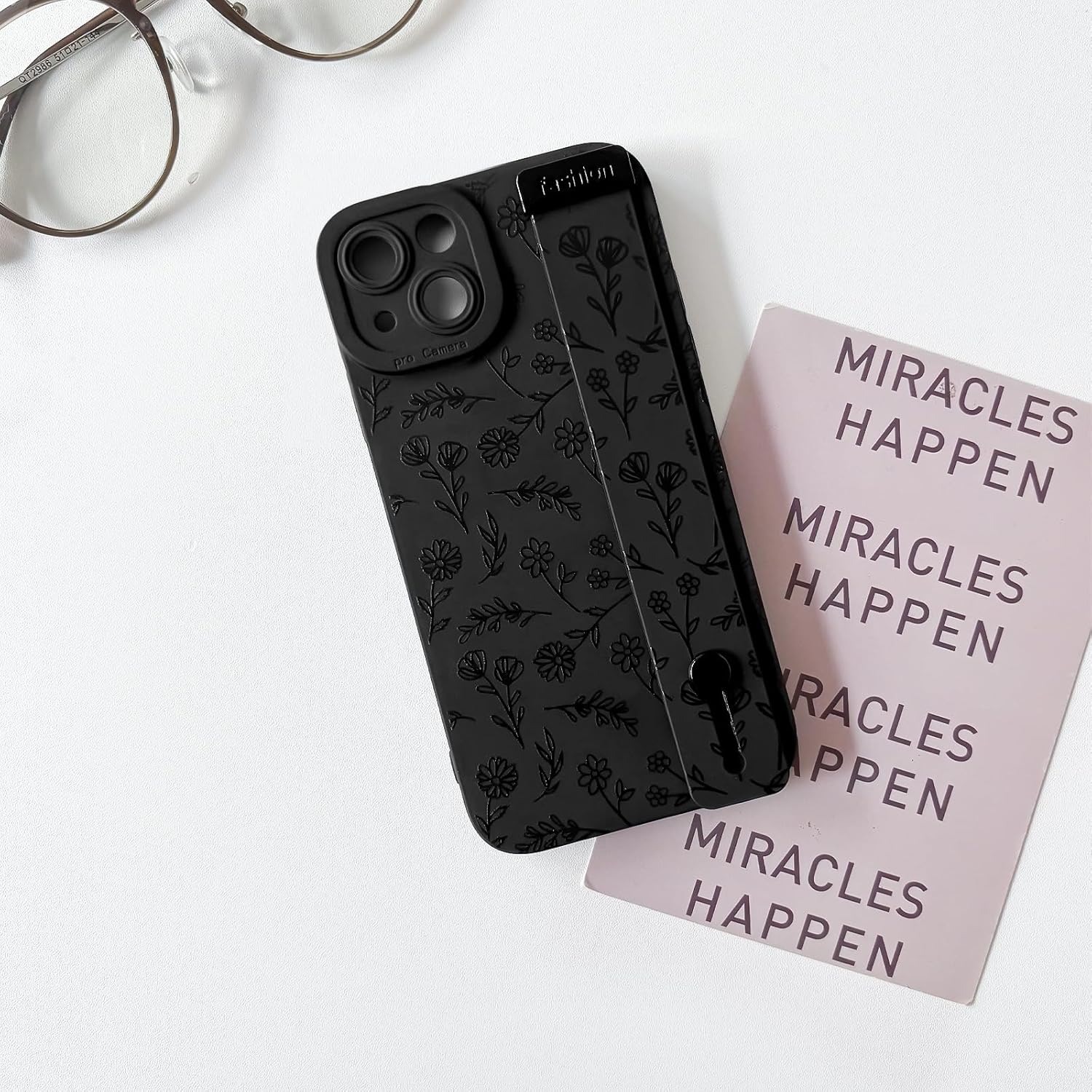 NITITOP Compatible with iPhone 14 Plus Case Cute Floral Flower Leaves for Women Girls with Wrist Adjustable Hand Strap Kickstand Grip Holder Soft TPU Slim Protection Phone Cover - Black - Image 2