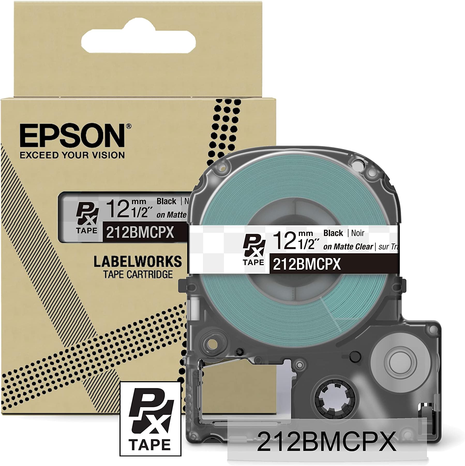 Epson LABELWORKS 212BMCPX Genuine PET (Polyester) Tape Cartridge - Black on Matte Clear Designer Craft Label Maker Tape - 1/2" (12MM) Wide, 26'