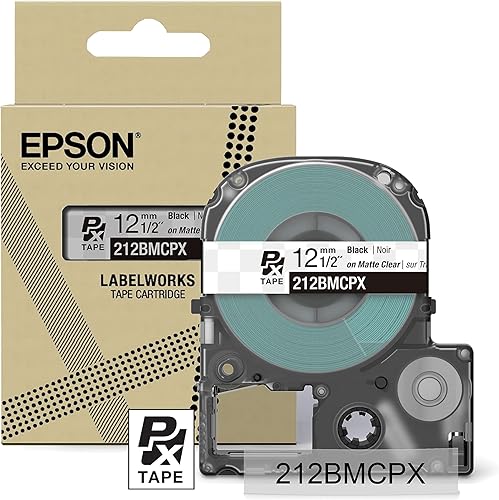 Epson LABELWORKS 212BMCPX - Cartucho de cinta PET (poliéster), color negro sobre mate, cinta para hacer etiquetas de diseño, 12 pulgada (0.472in) de