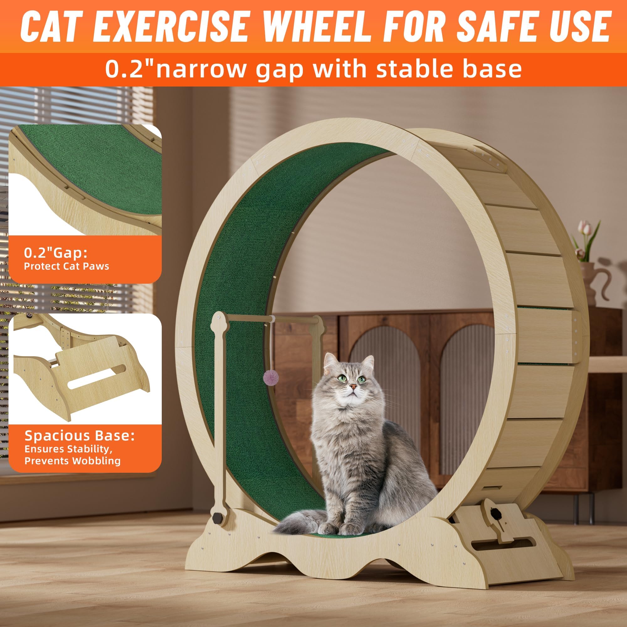Katzenlaufrad, 115cm Katzen-Laufrad für Indoor-Katze, Laufband mit Abnehmbaren Teppichboden, Lock & Playing Ball, Holzlaufrad für Kleine, Mittelgroße und Große Katzen Fitness-Gewichtsverlust-Gerät - B