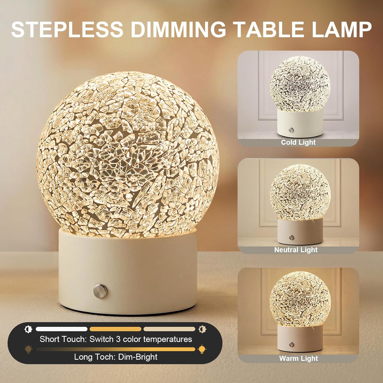 Oneach Mini Cordless Table Lamp, Rechargeable Battery Powered Lamp, 3 Color Temps and Stepless Dimming Touch Lamps, Glass Ball Night Light for Bedside Corner Patio Yard Dining Room Shelf Decor