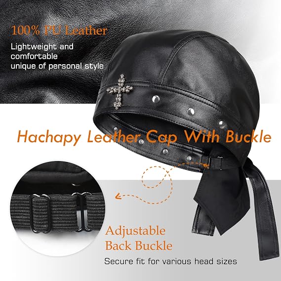 Biker Cap for Women Leather - Adjustable Motorcycle Skull Cap with Snug Fit, Stylish Biker Doo Rag Headwrap for Riding & Outdoor Activities