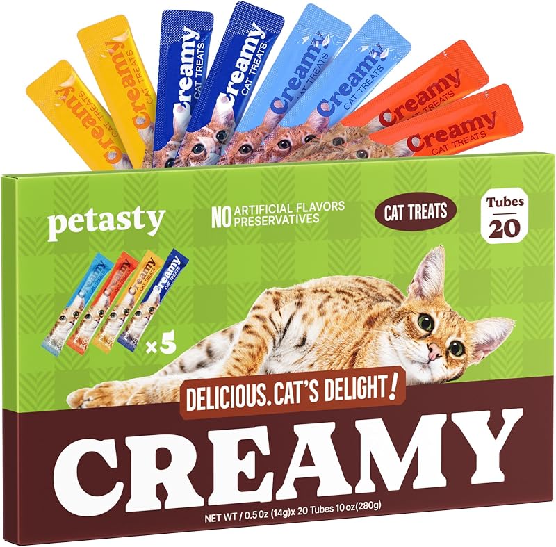 Petiscos Cremosos para Gatos PETASTY, Purê Lickable, Sabores Variados, Pacote com 20 Tubos de 14 g