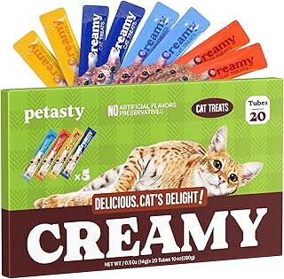 Lickable Cat Treats, Grain-Free, Squeezable Soft Creamy Puree, High Moisture Hydrating Wet Cat Treat with Prebiotics & Fish Oil for Daily Interactive Training Reward, 0.5oz, 20 Tubes, Variety