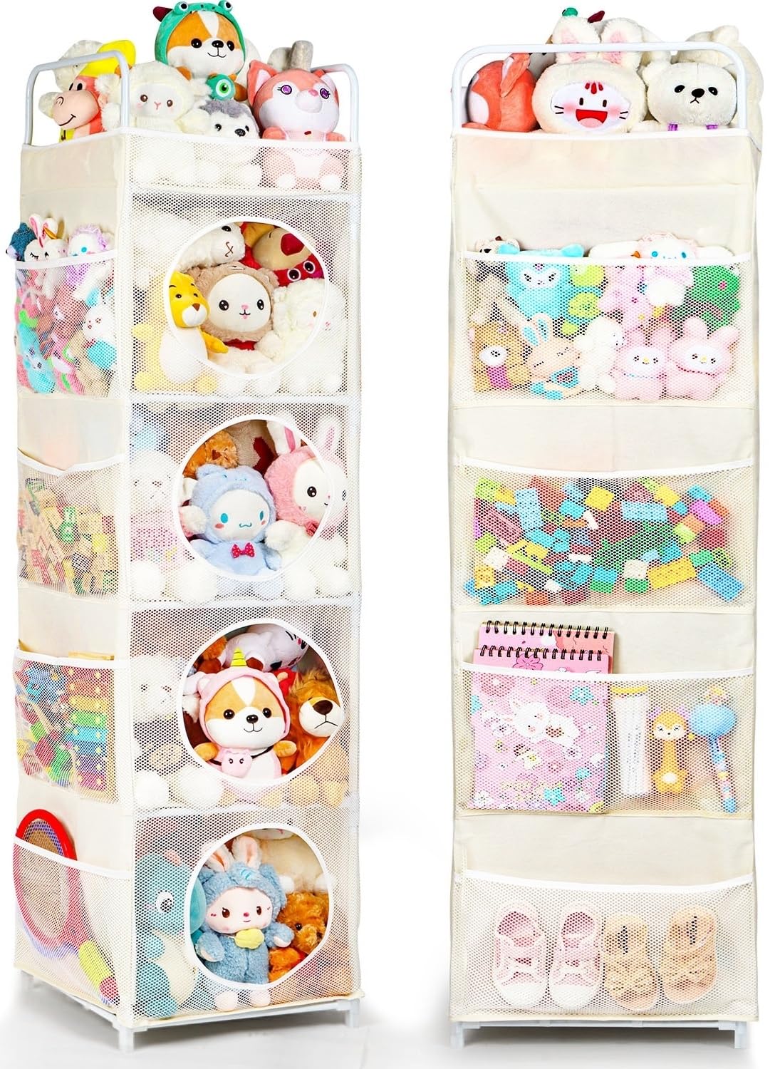 Porta Peluche, 42x42x162cm Porta Giochi Bambini, 5 Ripiani & 8 Tasche Laterali, Contenitore Giochi Bambini (Beige)
