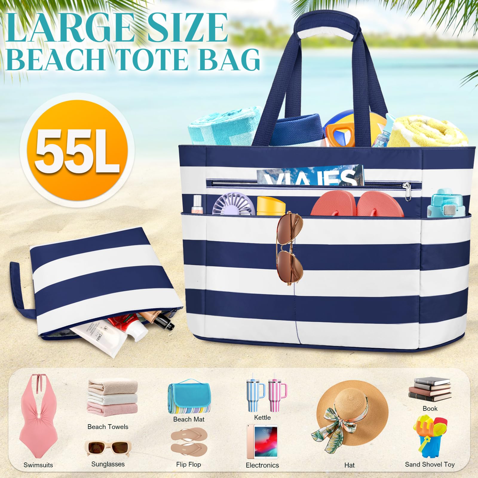 Sac de Plage Femme Imperméable, Grand Sacs Plage XXL avec Fermeture Éclair, Ete Sac de Voyage, Anti Sable Sacs de Piscine, Sac Cabas Tote Bag pour Travail Voyages Shopping 55L