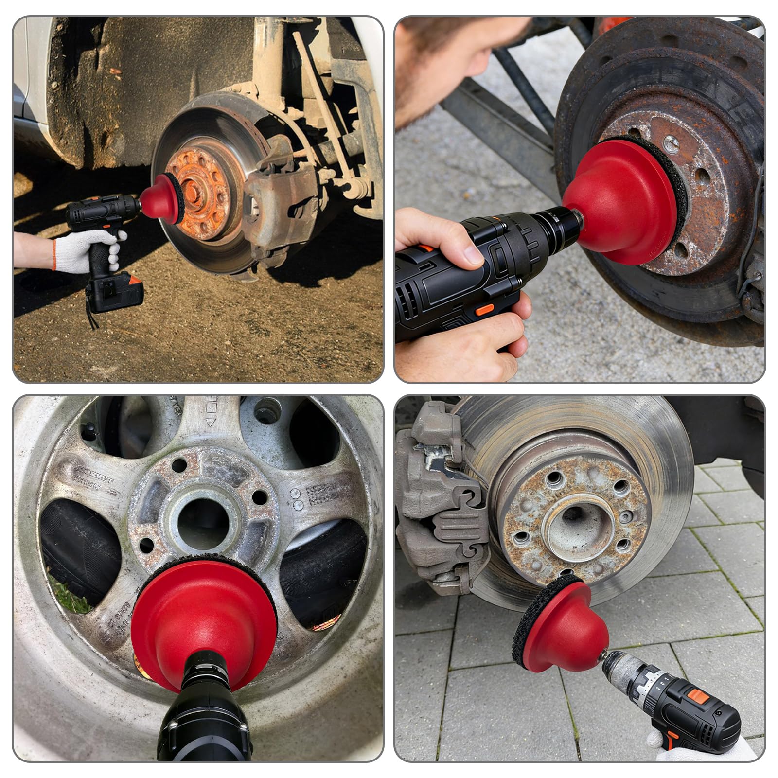 Radnabenschleifer mit 2x Schleifscheiben, Nabenreiniger inkl. Adapter für Akkuschrauber, Rostentferner Kugelkopfschleifer mit 1/2"-Antrieb, 2x Silizium-Karbid-Scheibe Ø 150 mm für Felgenreinigung