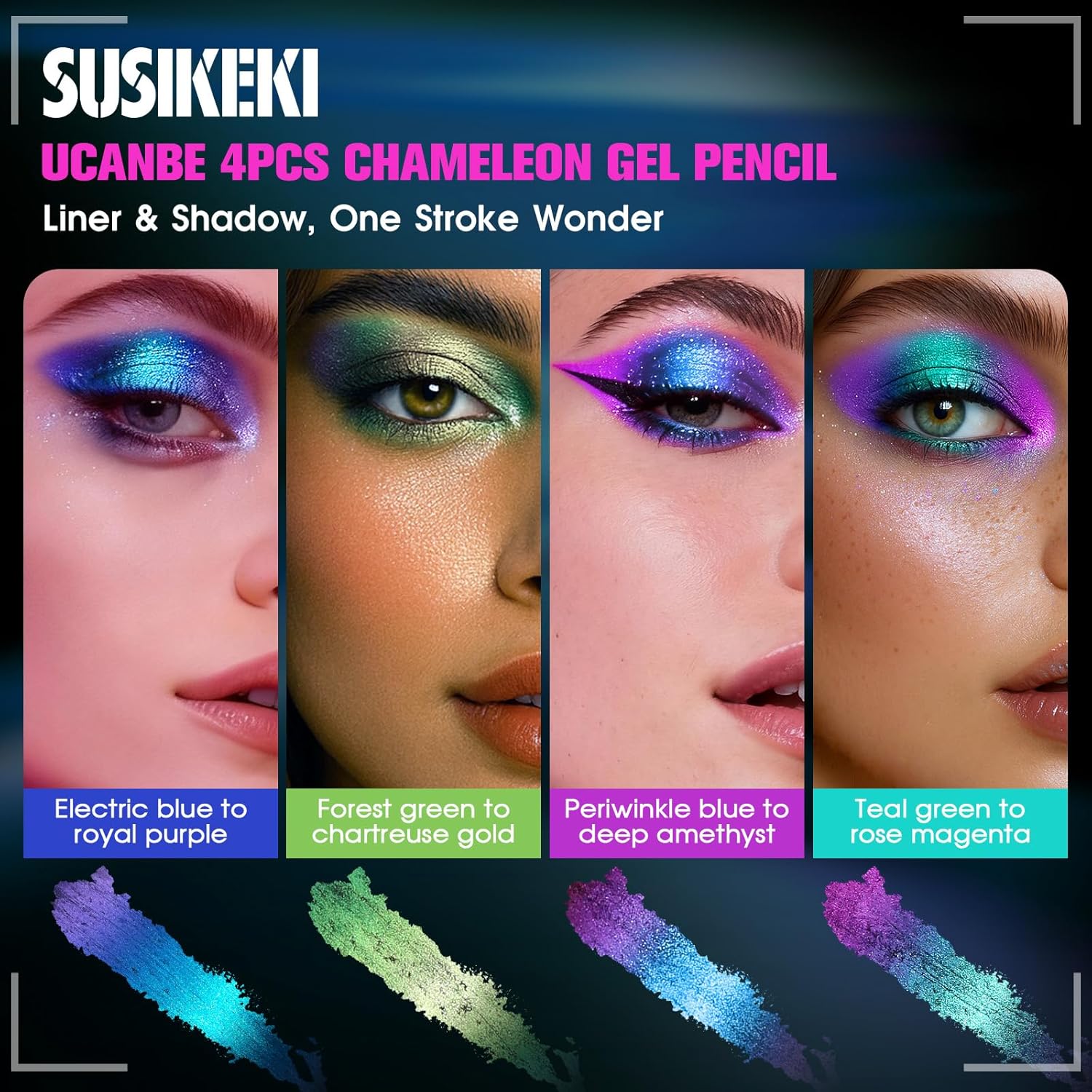 4PCS Chameleon Metallic Eyeshadow & Eyeliner Gel Pencil Set – Multichrome Shifting Colors Glitter Eye Makeup, Waterproof Long-Lasting Smudge-Proof Duochrome Pencil for Multi-Dimensional Looks - Image 3