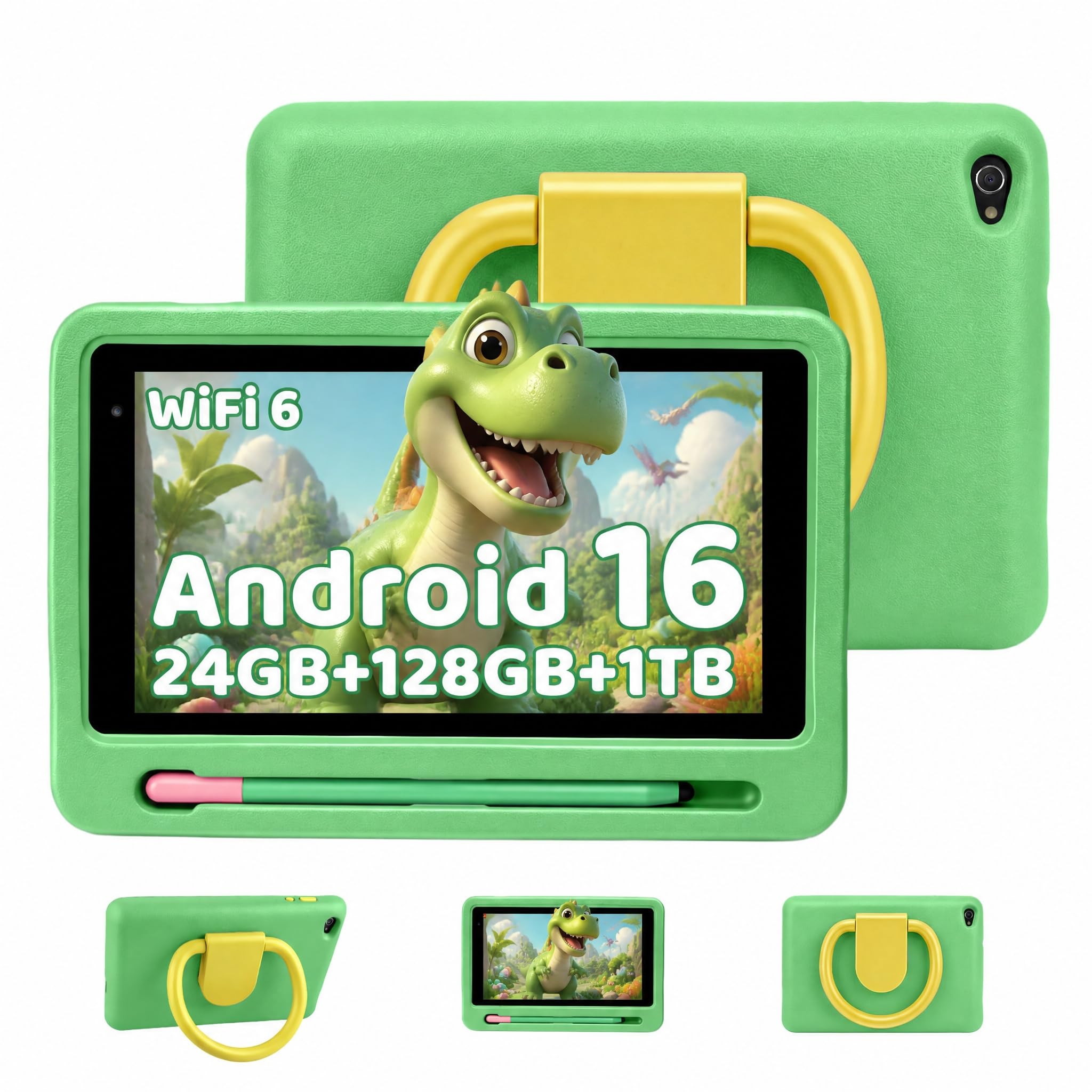 Android 16 Tablette Enfants 7 Pouces, 24Go RAM 128Go ROM (TF 1To), 5G WiFi Tablette Tactile, Double Caméra HD, Widevine L1/Contrôle Parental/BT 5.4 Tablettes avec étui EVA, Vert