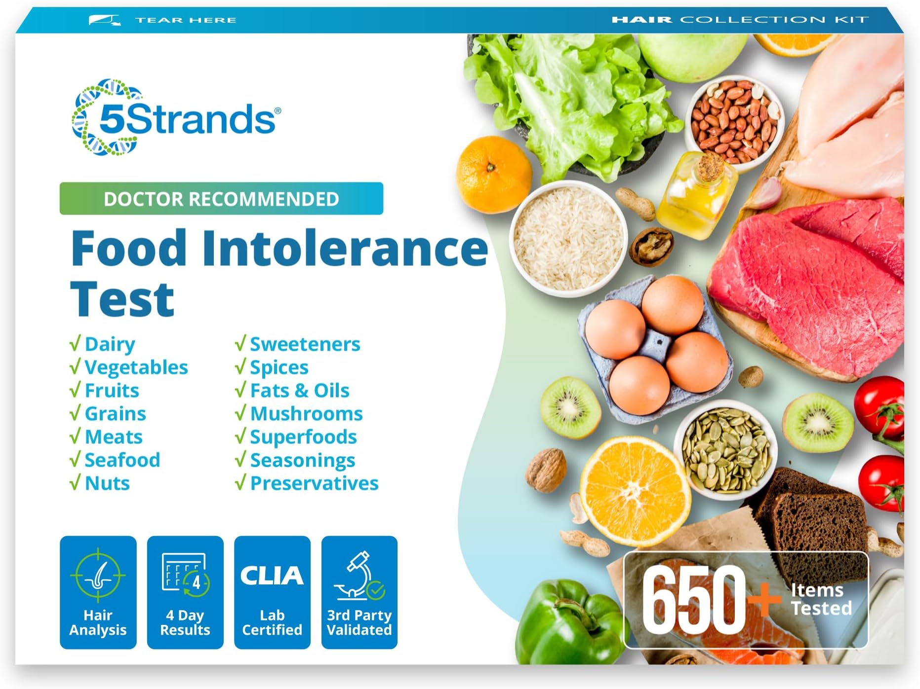 5Strands Food Intolerance Test, Accurate Hair Analysis, 658 Items Tested, at Home Food Sensitivity Test Kit for Adults & Kids, Gut Health Test, Results in 4 Days
