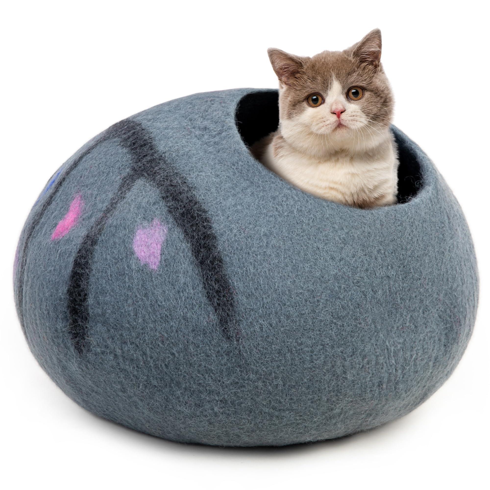 Grotta Per Gatti In Lana, Taglia Media, Realizzata A Mano In 100% Lana Merino Ecologica, Per Gatti E Gattini Da Interni (Albero Incantato)-image