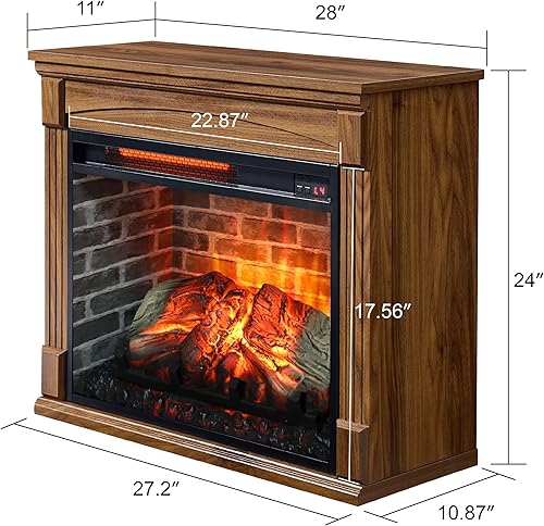 Miniatura 7 de Chimenea eléctrica de 28 pulgadas con chimenea, chimeneas independientes con llama realista y troncos, control remoto, temporizador, brillo