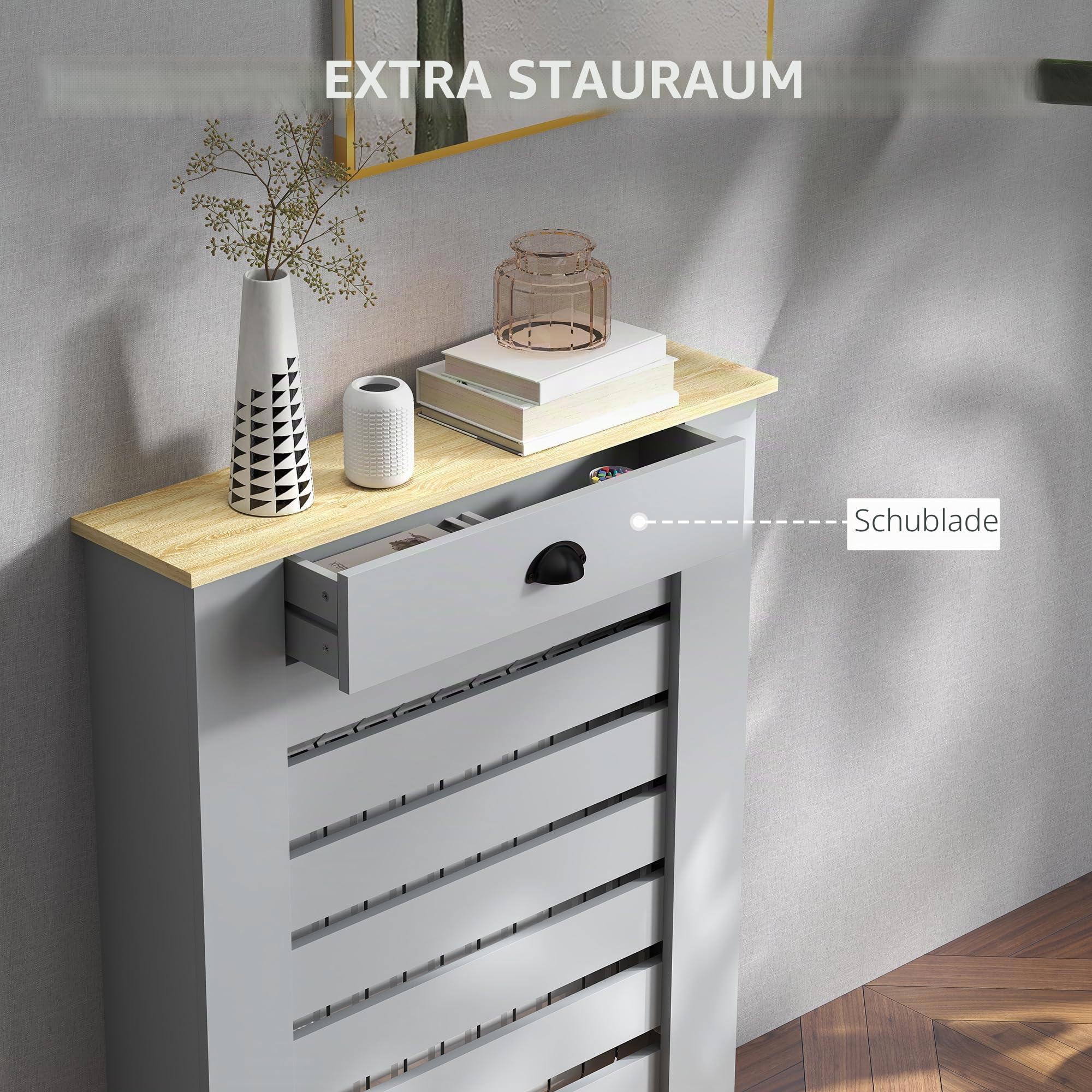 HOMCOM Heizkörperverkleidung m. Schubl., MDF, Gr., Kl. H95.5/W78/D19 cm