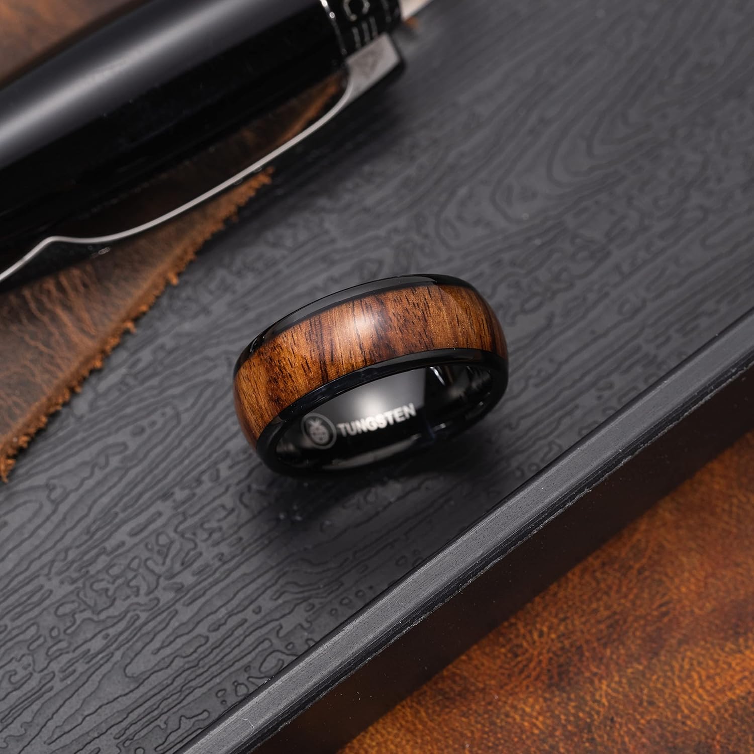 Tungsten Carbide Genuine Natural Hawaiian Koa Wood Tree Inlay Comfort Fit Ring 8mm 6mm 4mm Wedding Band Dome Style Scratch Resistant Weighted Hypoallergenic High Polished Finish with Gift Box Included
