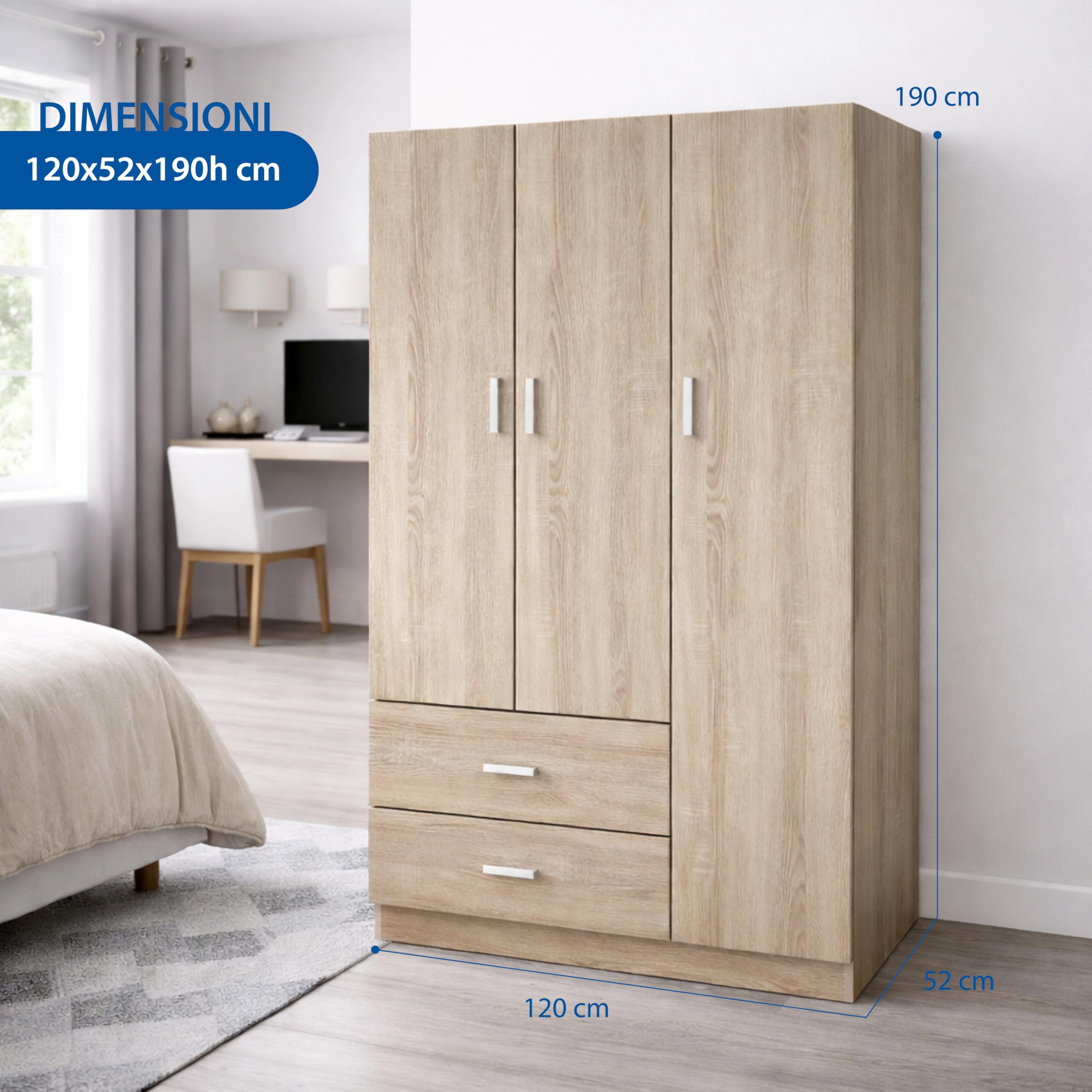 Armadio Guardaroba - 3 Ante, 2 Cassetti, Ripiani, Appendiabiti Alto, Maniglie, Struttura in Legno Truciolare, Spazioso, Salvaspazio, Cabina Armadio Grande - 120 x 52 x 190 cm (Rovere)