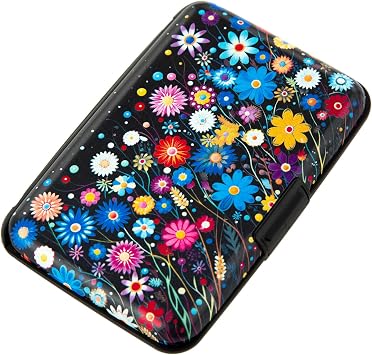 Credit Card Holder for Women Men RFID Blocking Wallet Small Business Metal Slim Mini Aluminum Hard Case, Colorful Flowers, S, Minimalist, Compact, American