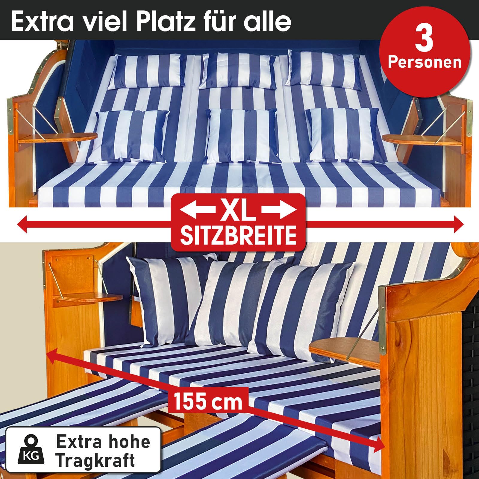 BRAST® Strandkorb Ostsee 3-Sitzer XL für 2-3 Personen | 155cm breit | 2 Designs | Tragkraft bis zu 500kg | verstellbare Rückenlehne | Blau/Weiß gestreift
