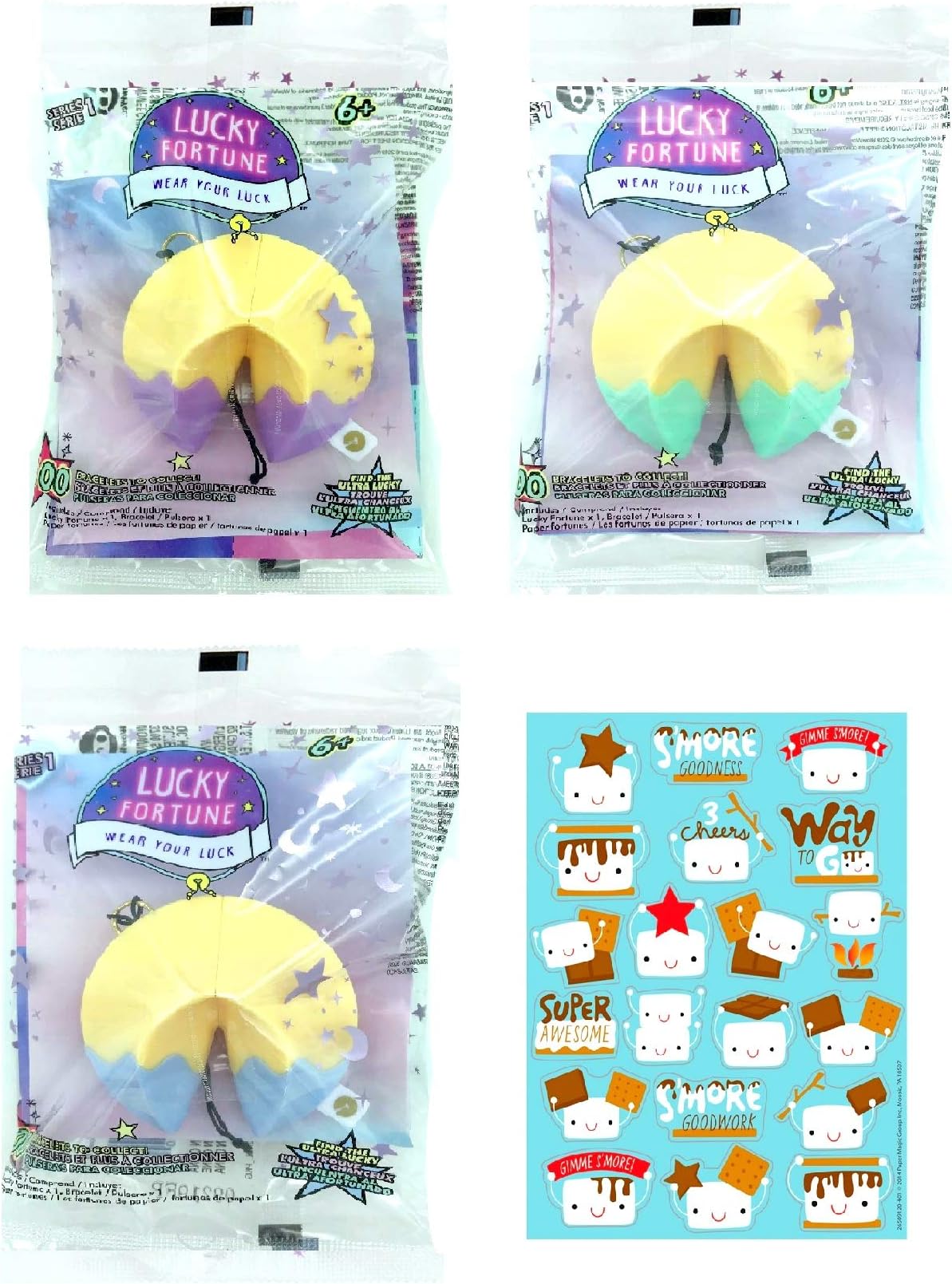 Lucky Fortune WowWee Blind Bracelets (3 Pack) Bundle (Colors Vary) + Scented Smores Marshmallow Stickers!