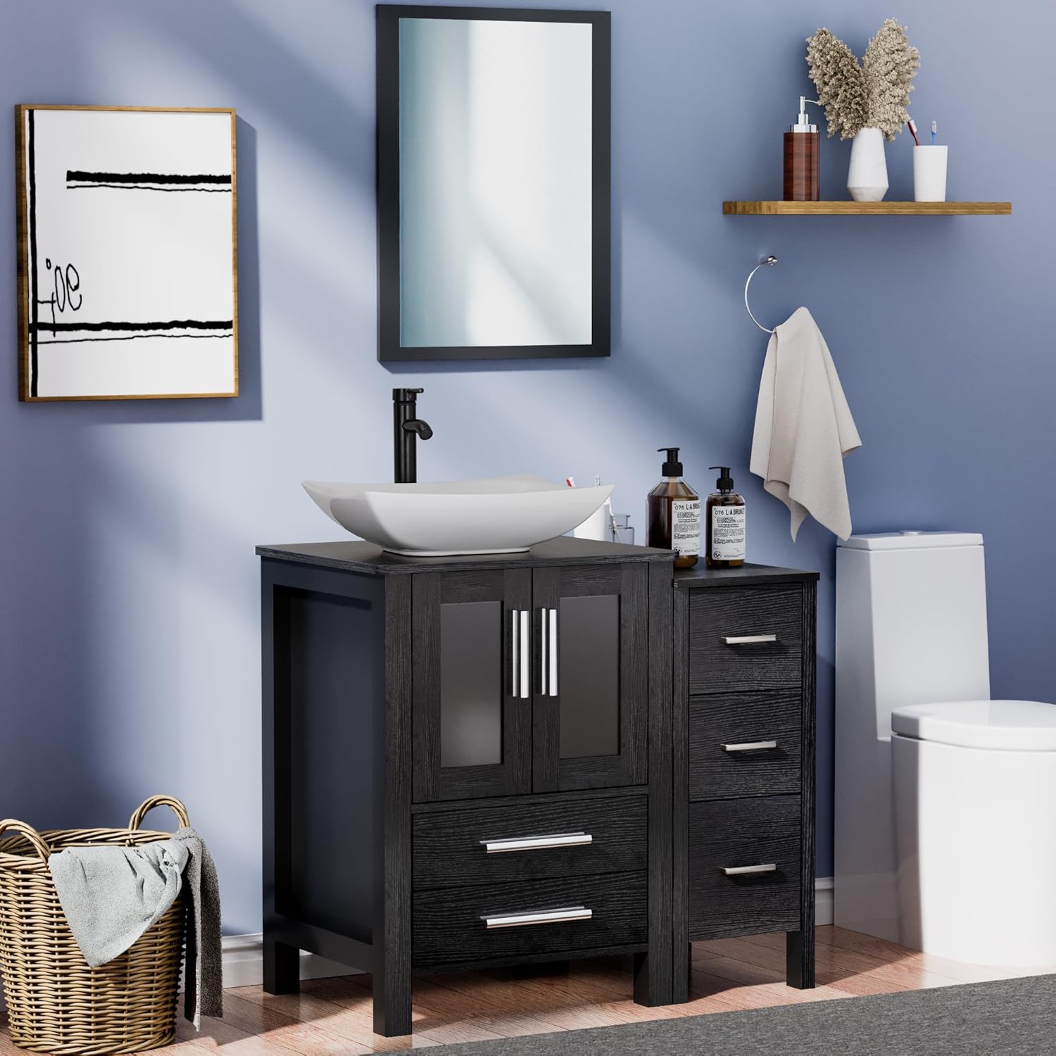 UEV 36" Black Bathroom Vanity with Vessel Sink,Modern Bathroom Vanity Cabinet with Removable Side 3 Drawers Cabinet,Modern Artistic Ceramic Vessel Sink Combo,Mirror Not Included(032WH)