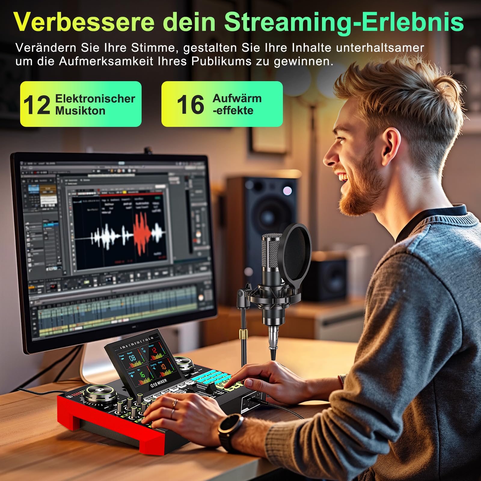 Podcast-Mikrofon-Set mit G10 Audio-Mixer & P15 Kondensatormikrofon | Geeignet für Livestream, Gesang, Gaming & Stimmveränderung an PC/Mobilgerät mit integrierter Geräuschunterdrückung