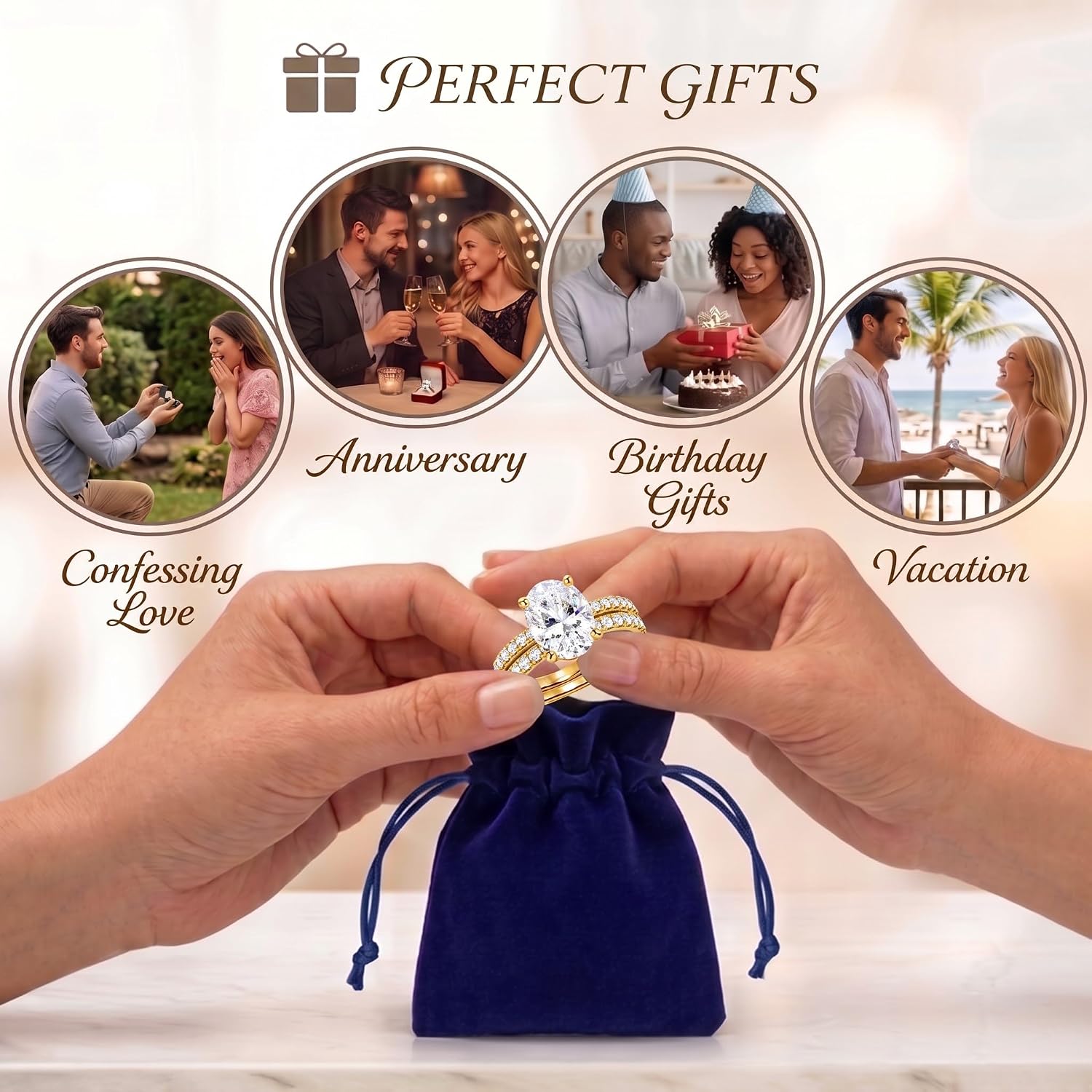 2CT Oval Cut Engagement Rings for Women, Waterproof 14K Gold Plated Sparkle CZ Wedding Ring Band Travel Promise Rings for Her, Anniversary Bridal Ring Set Valentine's Gifts 2PCS, Size 4-11