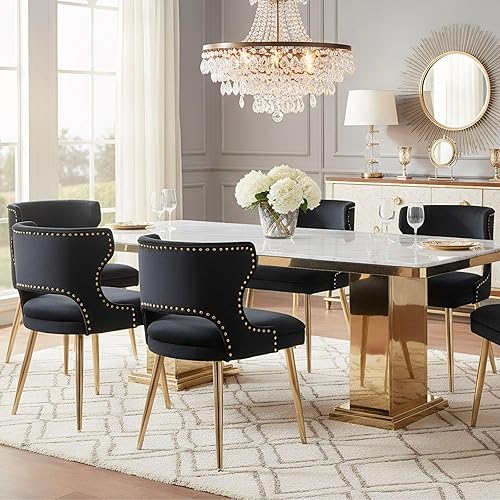 Miniatura 20 de Juego de 4 sillas de comedor de terciopelo beige con patas doradas, juego de 4 sillas de comedor modernas de mediados de siglo con respaldo de