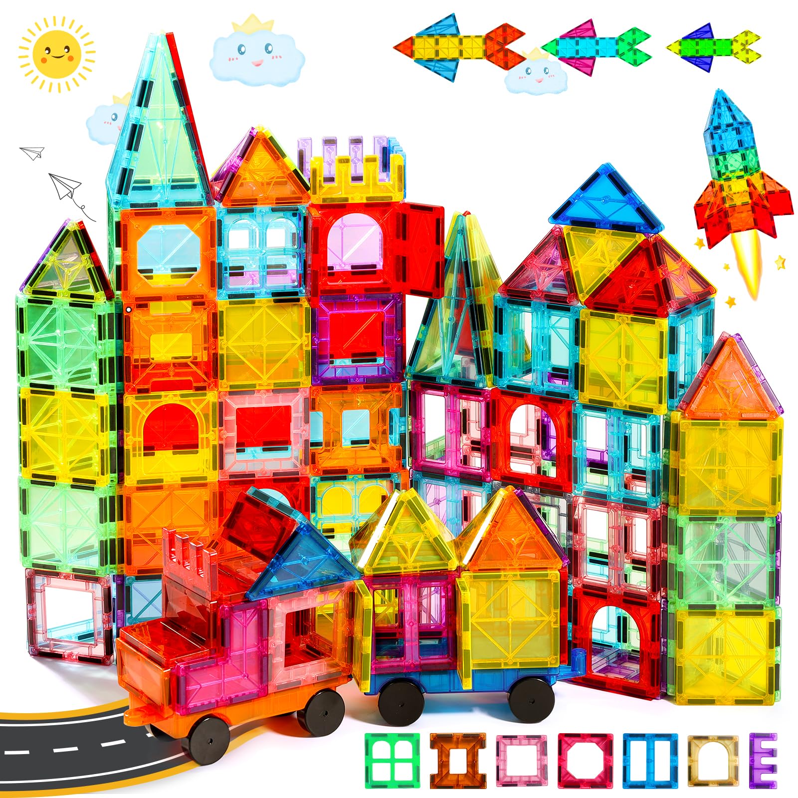101PCS Magnetic Tiles Blocks for Kids Ages 3-5 4-8,Large Magnet Tiles with 2 Cars,Magnet Building Toys for Toddlers STEM Learning Educational Preschool,Stacking Gifts for 3 4 5 6 7 Year Old Boys Girls