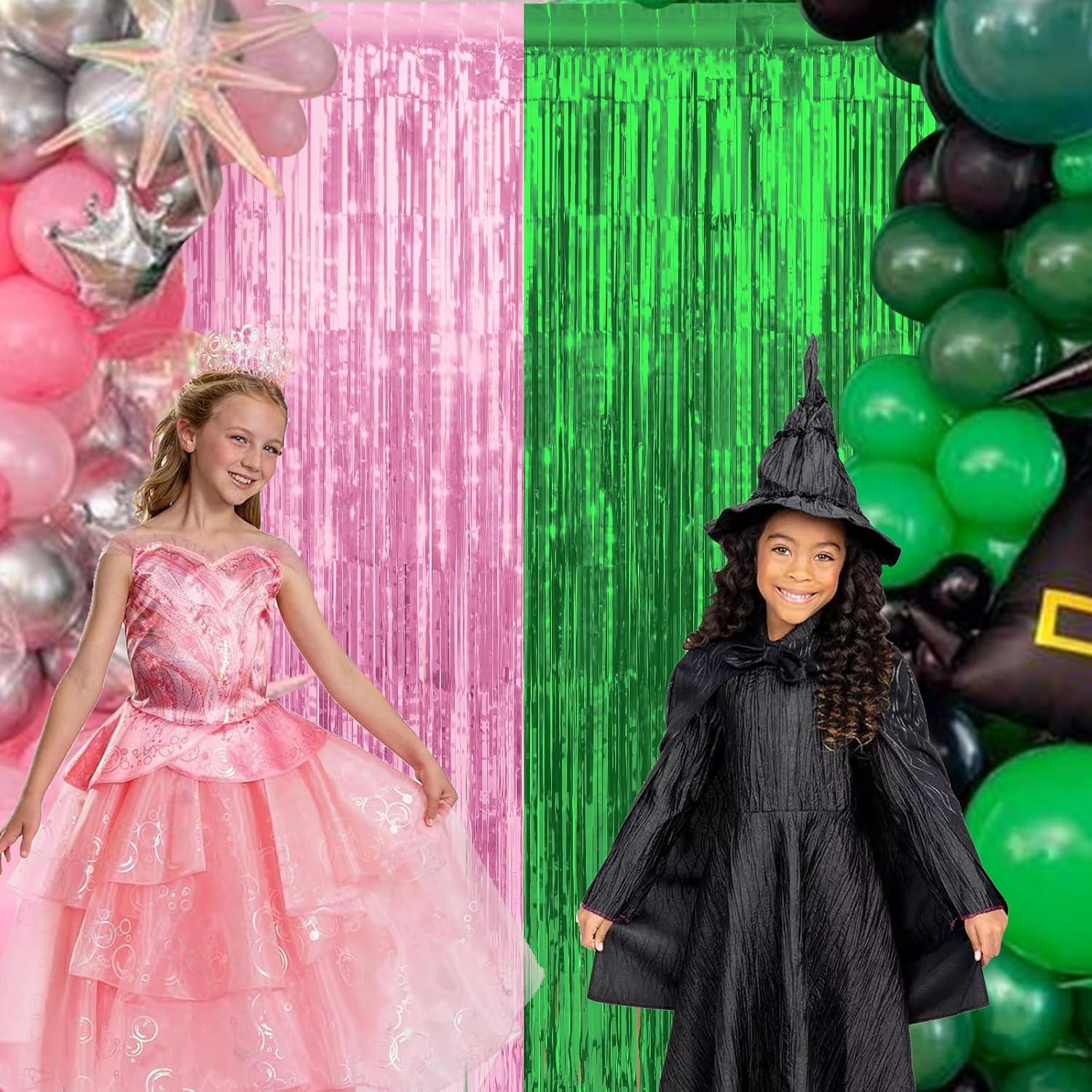 4 Pack 3.3Ft x 6.6Ft Pink and Green Foil Fringe Curtain Backdrop Decorations, Witch Metallic Tinsel Foil Streamers Curtain Photo Booth Background for Witch Wedding Birthday Party Decorations