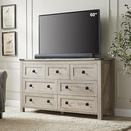 Miniatura 18 de T4TREAM Cómoda de 6 cajones estilo granja para dormitorio, cómoda rústica de madera amplia, organizador de cómodas de almacenamiento para Roble