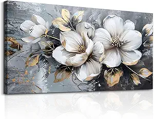 KELIYUAN Large Canvas Wall Decor Living Room For Wall Art For Bedroom Office Decorations Abstract White Flowers Wall Paintings Pictures Artwork Modern Framed Posters Home Decor Aesthetic 30"x60"