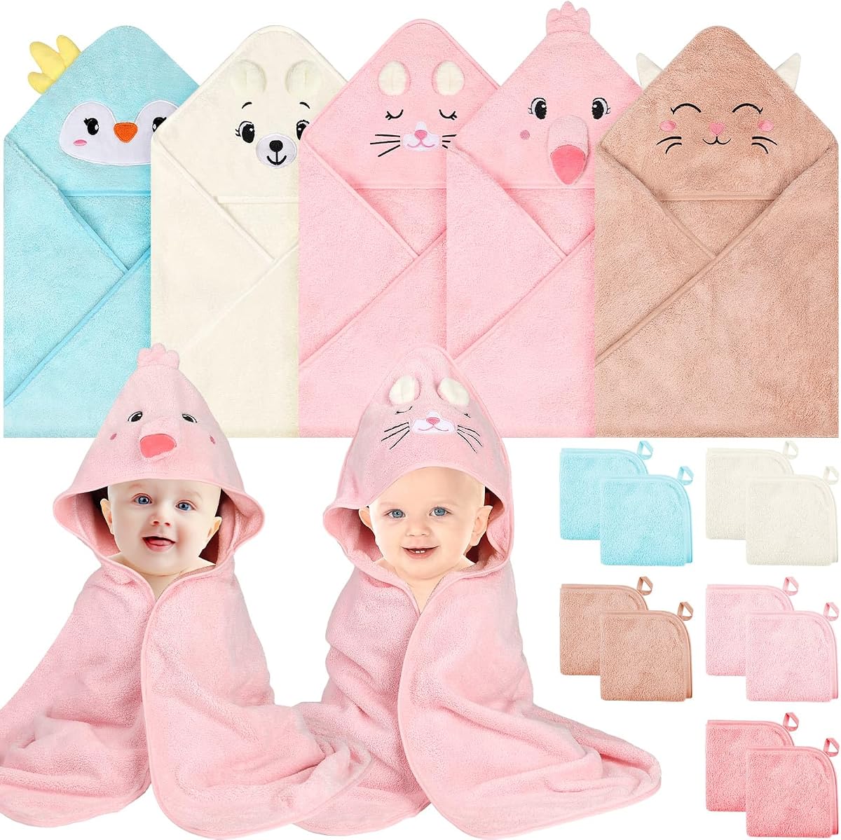 Juego de toallas para bebé de 15 piezas, toallas de baño para bebé, artículos esenciales para el baño para recién nacidos | 5 toallas de baño para bebé con capucha, juego de 10 toallitas para bebé, artículos para baby shower como regalo para niñas (conejito, gato, pollito, flamenco y oso)