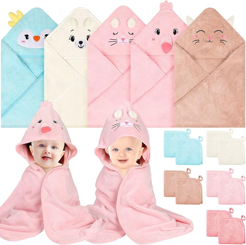Juego de toallas para bebé de 15 piezas, toallas de baño para bebé, artículos esenciales para el baño para recién nacidos | 5 toallas de baño para bebé con capucha, juego de 10 toallitas para bebé, artículos para baby shower como regalo para niñas (conejito, gato, pollito, flamenco y oso)
