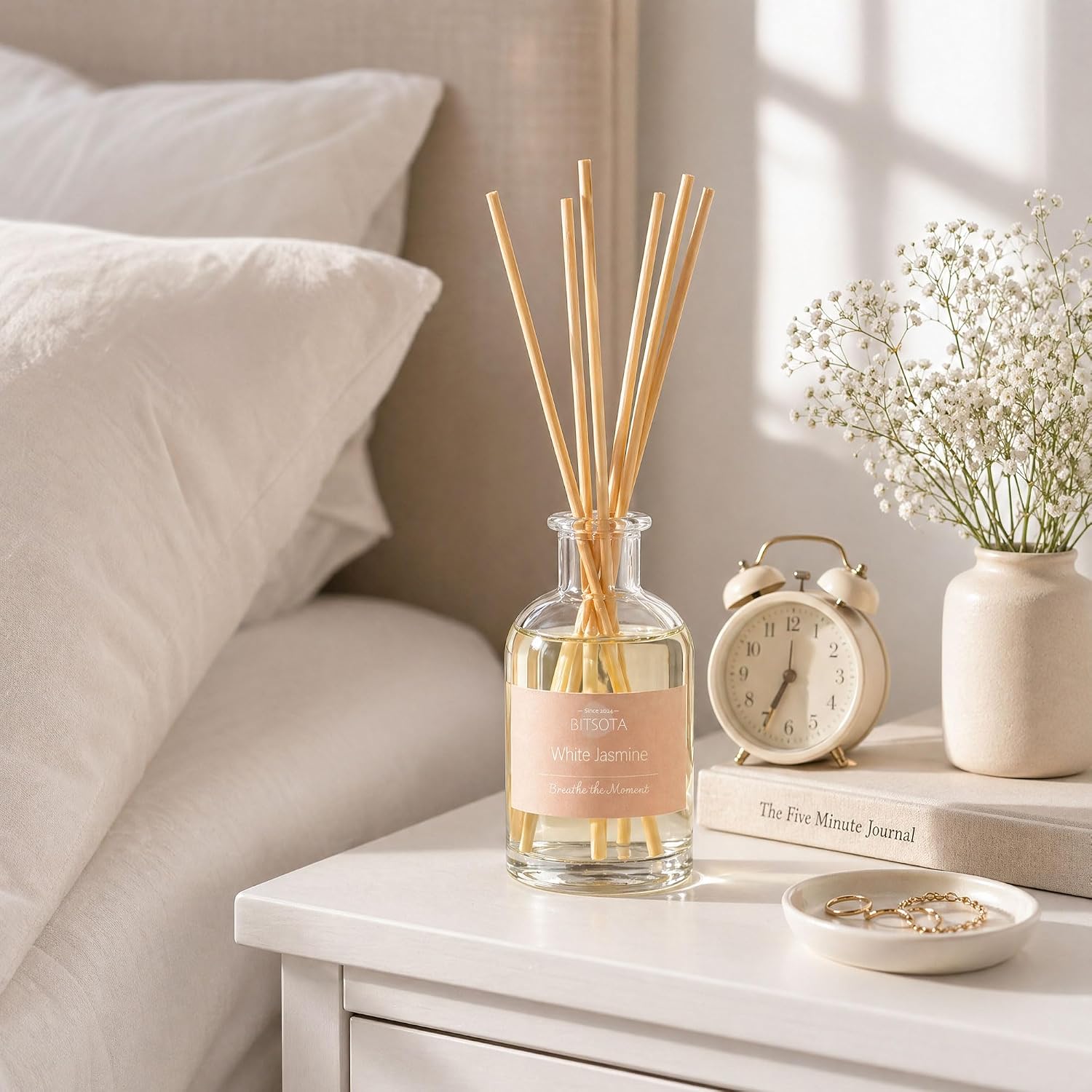 Natural Reed Diffuser Set, White Jasmine 3.52 oz (100ml) Scented Diffuser with Sticks Home Fragrance Reed Diffuser for Bathroom Shelf Decor, Ideal Gift for Woman image 5