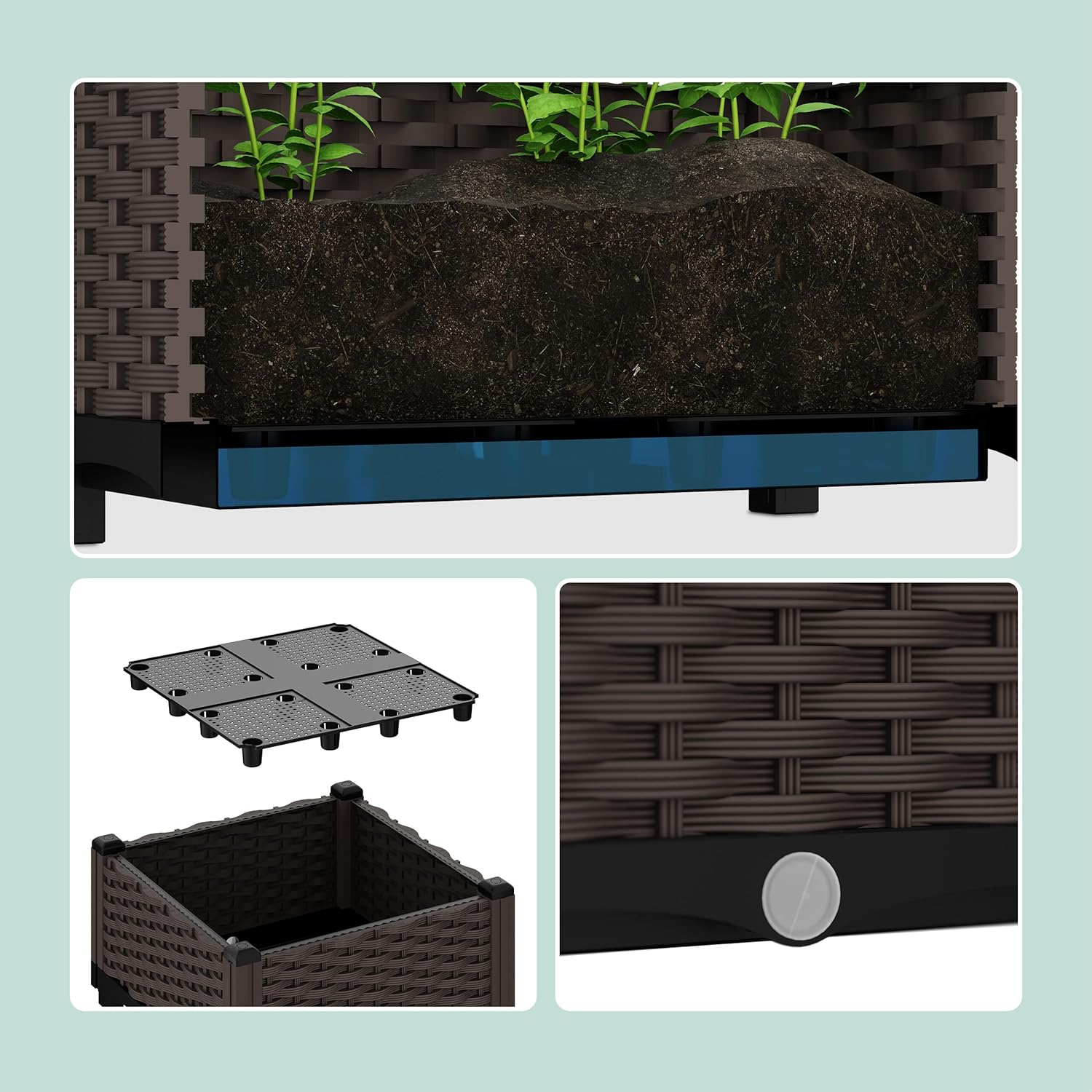 Relaxdays Rattan Look Planter 38 x 40 x 40 cm Garden Balcony & Patio Flower Pot with Water Reservoir Brown