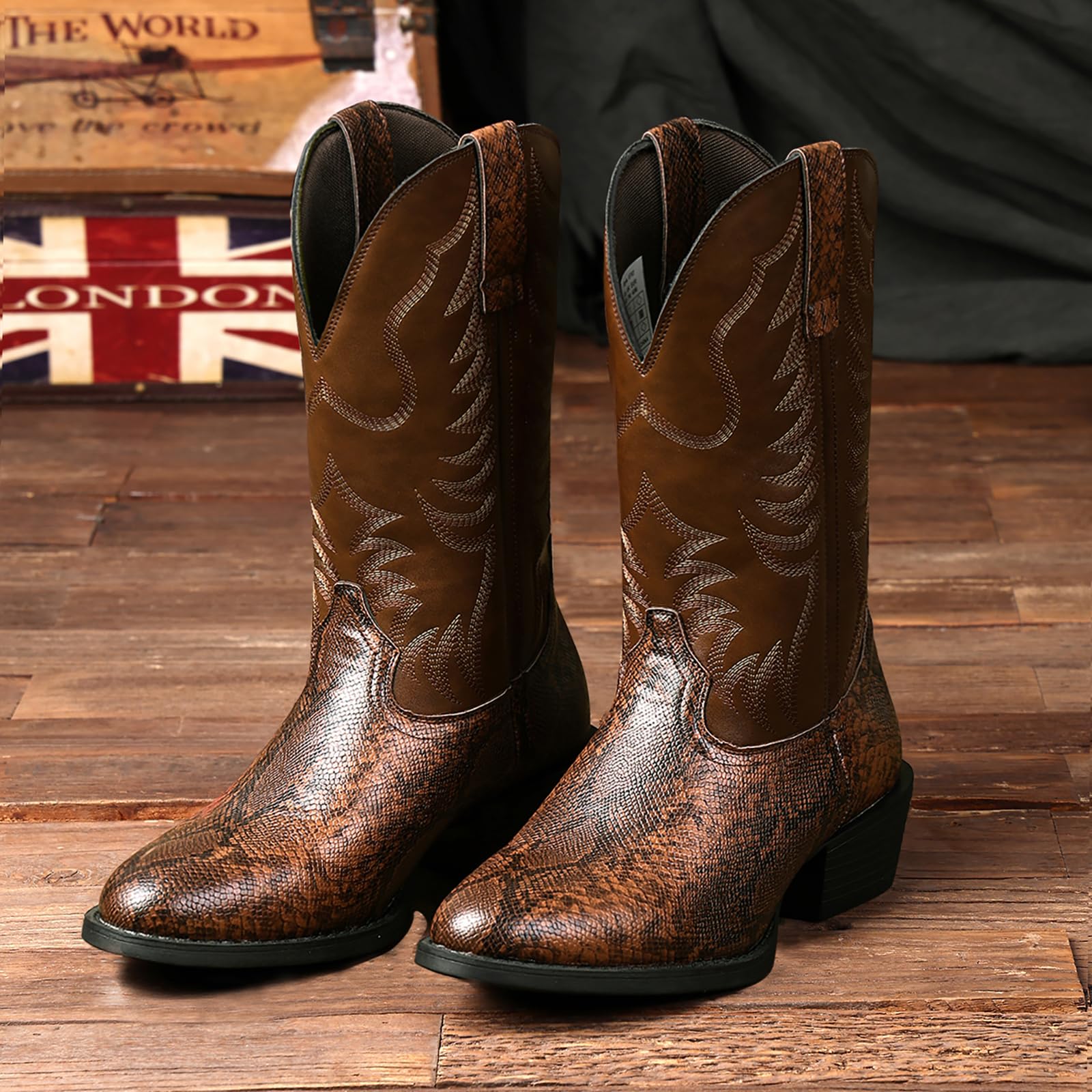 Stivali da Cowboy da Uomo Stivali Western A Punta Resistenti in Stile retrò Classico Ricamati Senza Lacci Antiscivolo Stivali Country