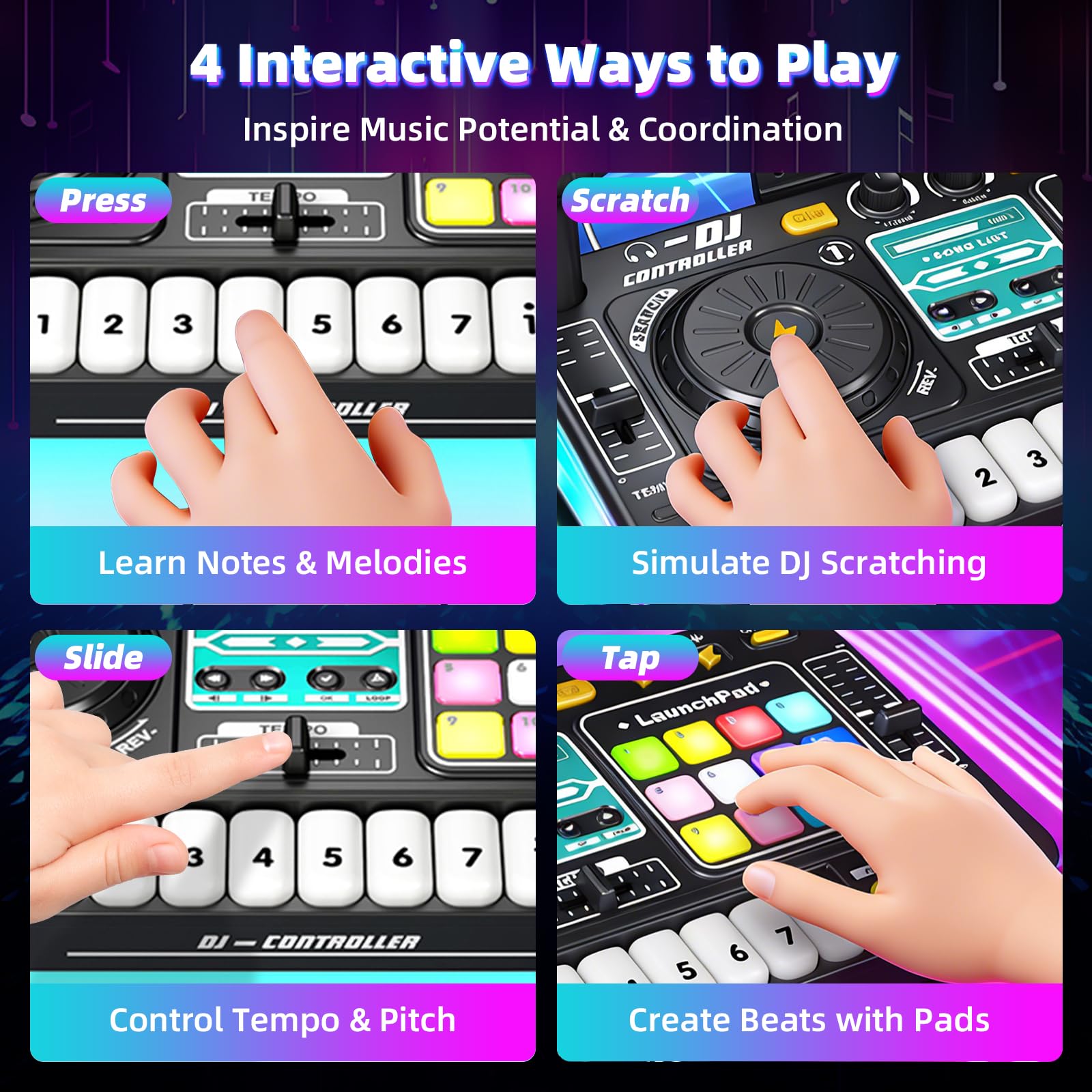 Platine DJ Enfant, Table Mixage Enfant, Table de Mixage DJ Set Jeu, avec Bluetooth, Microphone, Jeux Lumineux, Chargement USB, Convient pour 3 à 10 ans, Jouet pour Fêtes Familiales et Divertissement