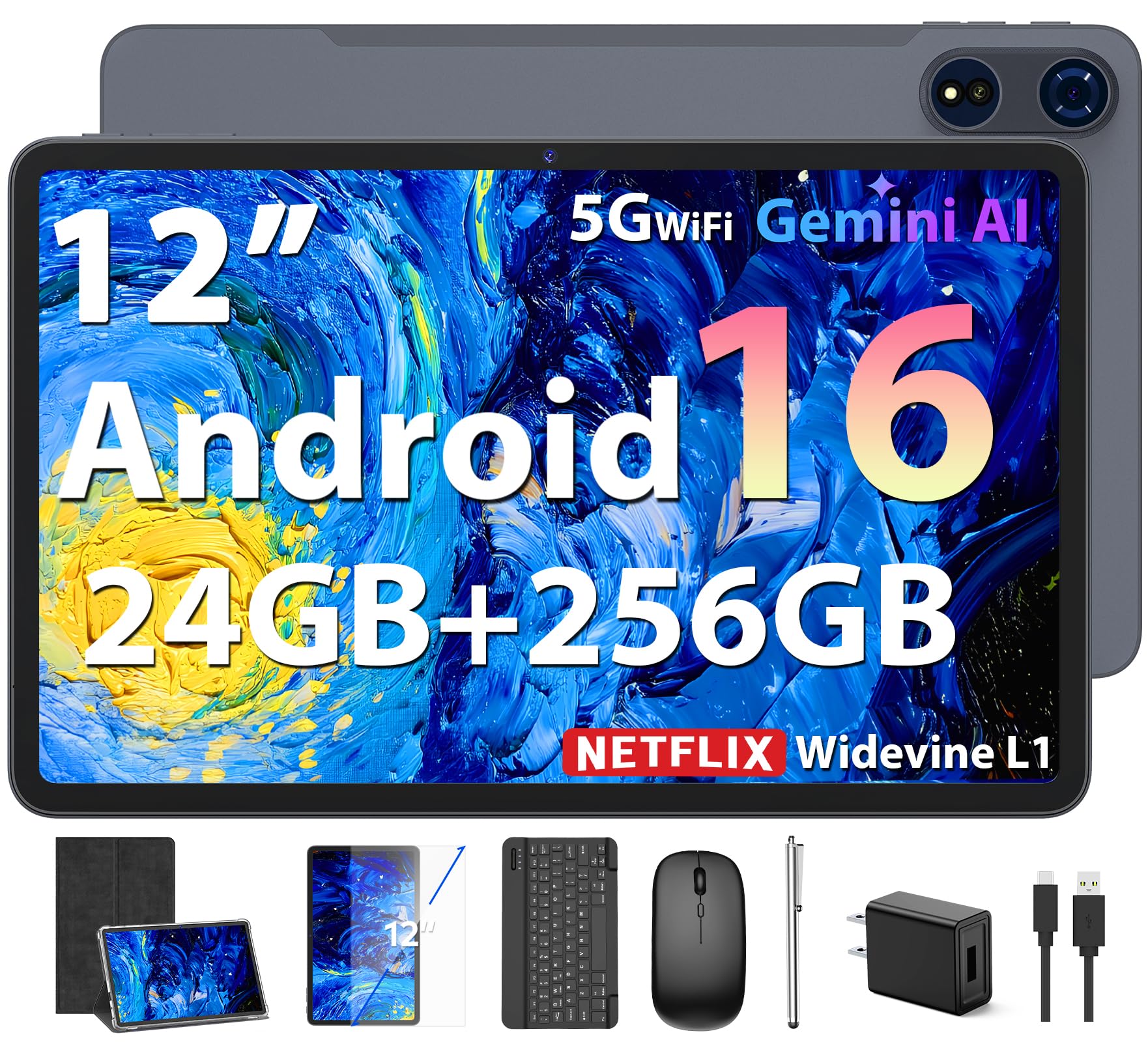 2026 12 Inch Android 16 Tablet with Keyboard, 24GB+256GB+2TB Expand, 2K Gemini AI Tablet with 5G WiFi, Octa-Core, 8000mAh, BT5.0, 16+8MP, 2 in 1 Tablets PC with Case, Mouse, Stylus (Black Case)