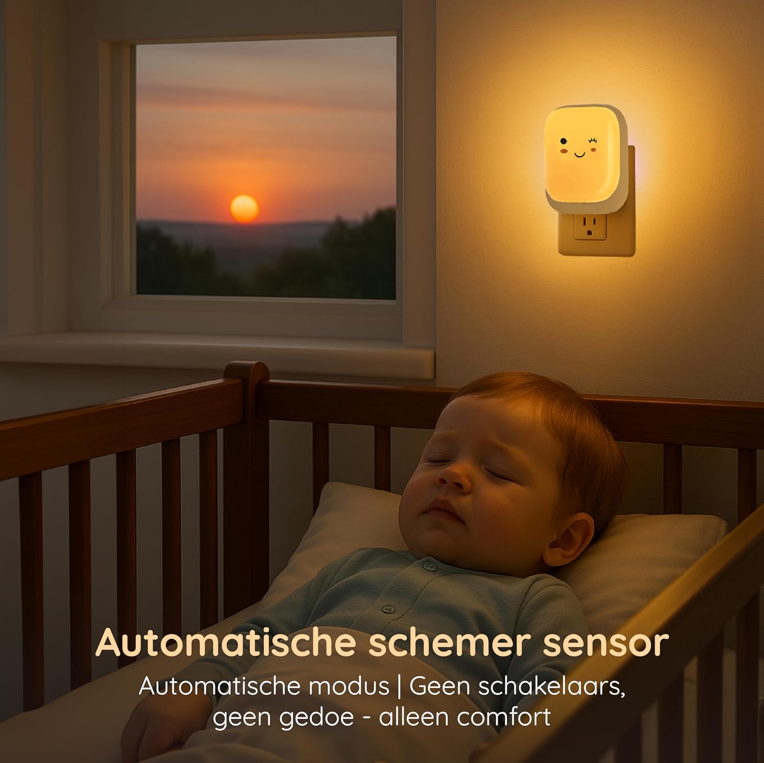 Image showing a baby sleeping in a crib with the Numsy Lux night light plugged into an outlet, and a sunset visible through a window, illustrating the automatic dusk sensor.