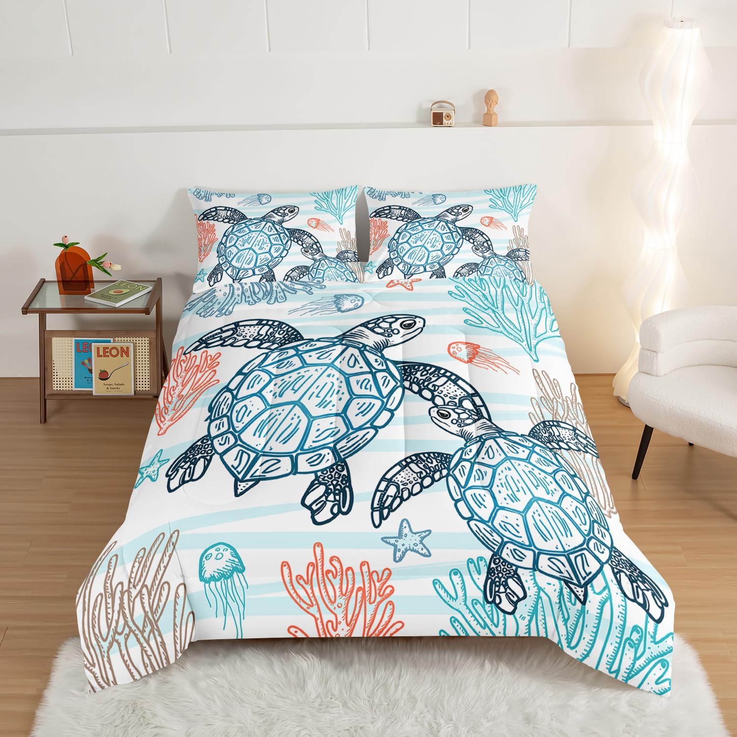 HOSIMA Sea Turtle Comforter Set,Coastal Beach Themed Bedroom Comforter Set Queen Size for Kids Teen Girls Boys Room Decor,Turtle Twin Bed in a Bag for Girls with 2 Pillowcases.