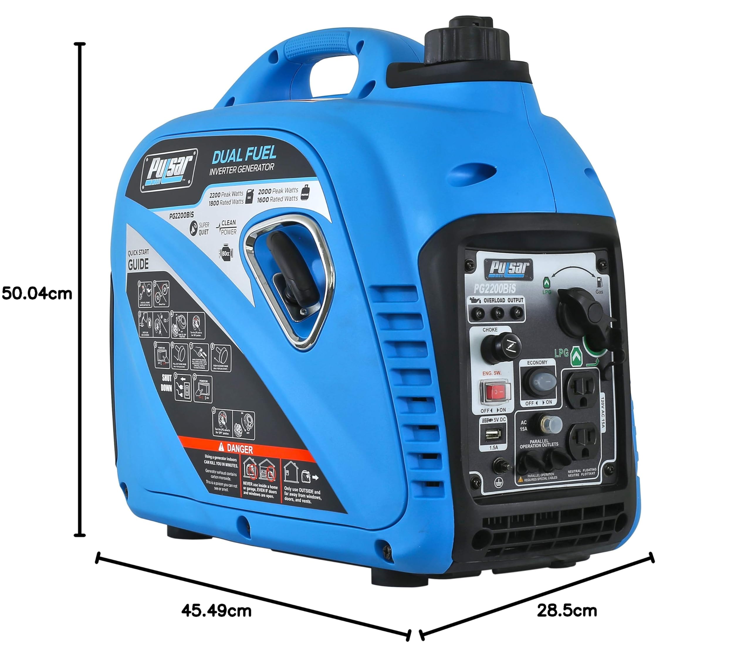 Pulsar Przenośny dwupaliwowy cichy generator falownika 2200 W z gniazdem USB i funkcją równoległą, zgodny z CARB, PG2200BiS